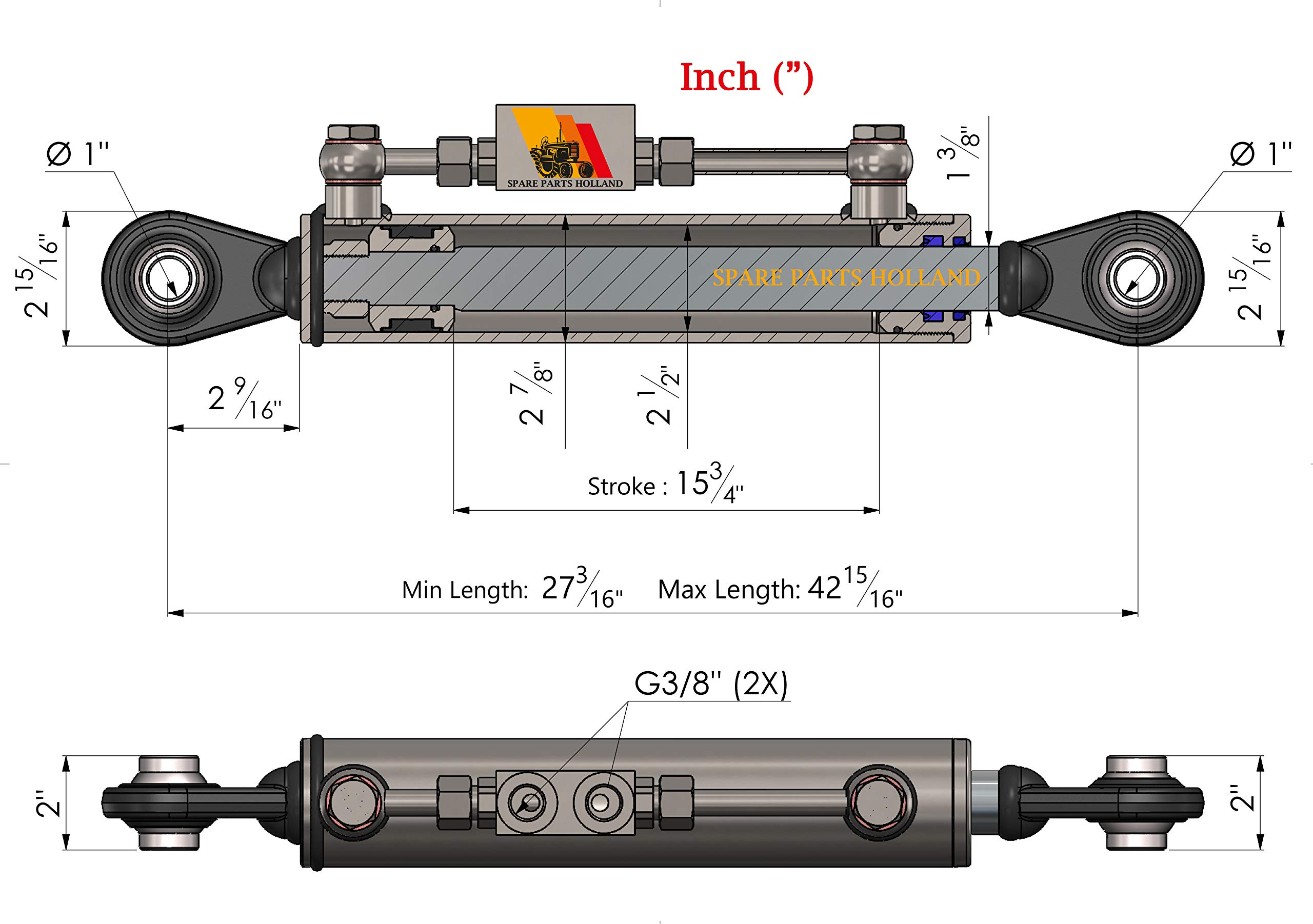 TERZO PUNTO IDRAULICO TRATTORE Cat. 2-2 690-1090 mm CON VALVOLA E TUBI