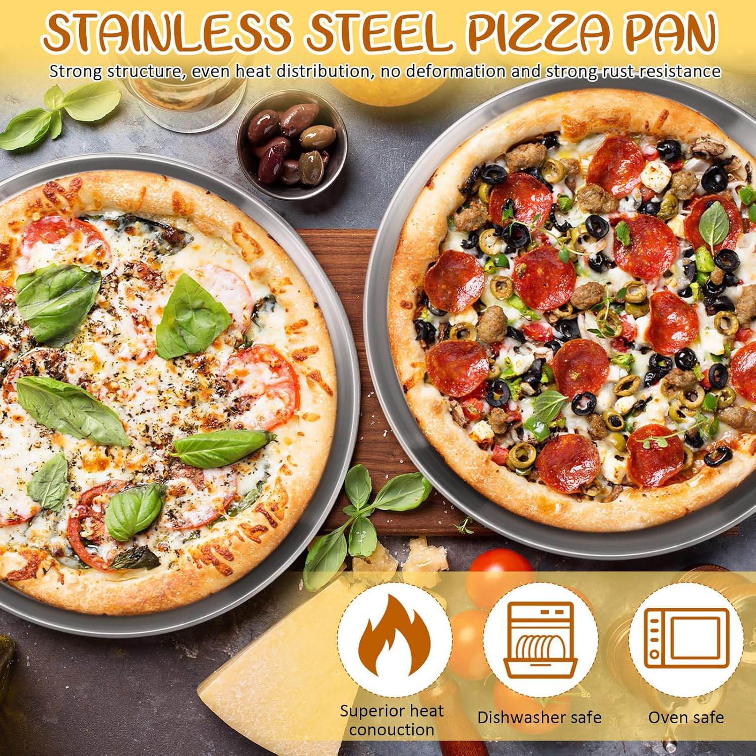 7 Pcs Pizza Pan Riser Stands Sets Includes 1 Pcs Tiered Tray Stand 3 Stainless Steel Pizza Pan and 3 Wood Handle Knife for Home, Restaurant Party