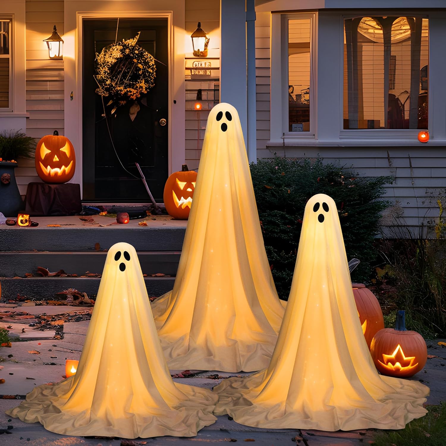 3 Packs Halloween Decorations Outdoor Extra Large Stand Ghost Halloween Decor, 3 Size Spooky Ghost With 40 Led String Lights Adjustable To 72 In Ghost Stand For Porches Yards Gardens Lawn (Warm White)