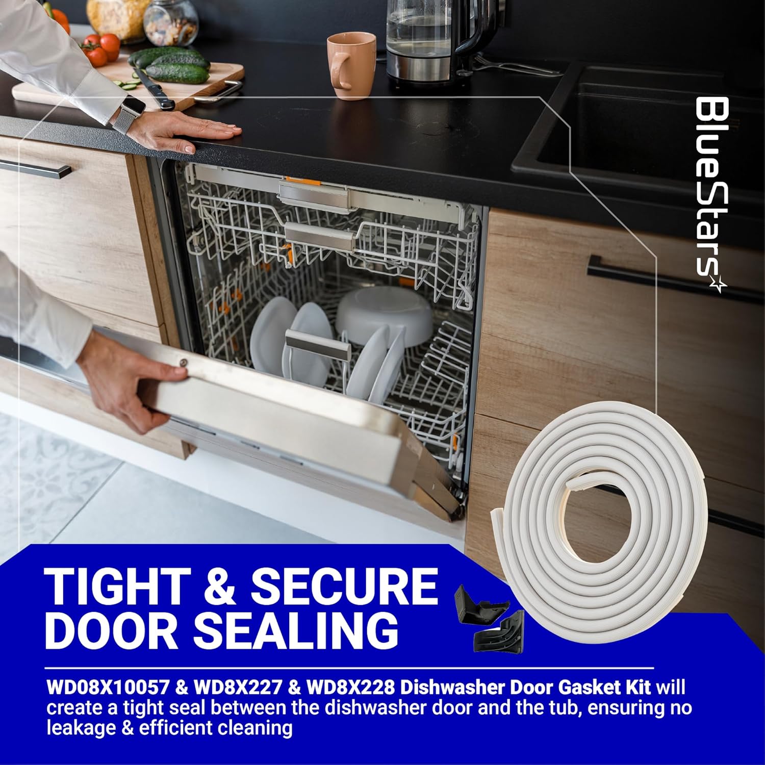 BlueStars WD08X10057 Dishwasher Door Gasket Seal with WD8X227 & WD8X228 Tub Corner Baffle - Compatible with GE Kenmore Hotpoint - Replaces PS958908 GHD1106F00WW GHD3515F00AA GHD3525F00BB