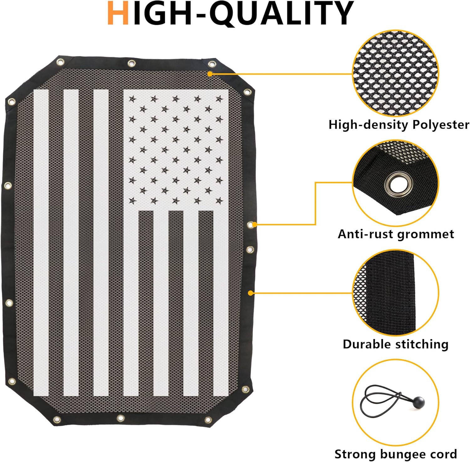 Sunshade for 2007-2018 Jeep Wrangler JK JKU 2 Door 4 Door Front Mesh Sun Shade, JK, JK Unlimited, Sport, Sport S, Sahara, Rubicon Sunshade Bikini Soft Top Cover Net, Blocks UV, Wind, Noise, US Flag