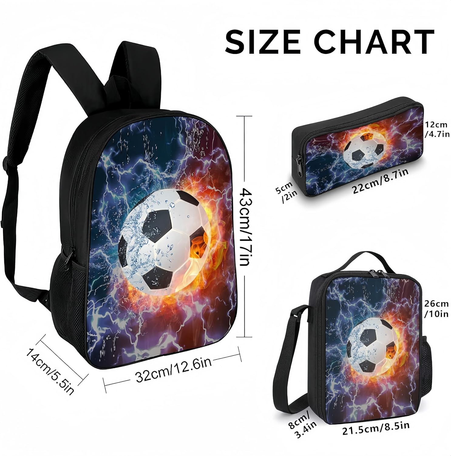 3Pcs Cartoon Backpack, Lightweight Daypack Set with Lunch Box Pencil Bag for Teenagers Boys And Girls Travel (Burning Football)