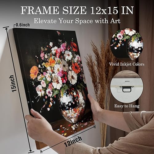 Miniatura 2 de Voxitura Lienzo decorativo de pared con diseño de bola de discoteca y flores silvestres, decoración de pared retro moderna para sala de estar,