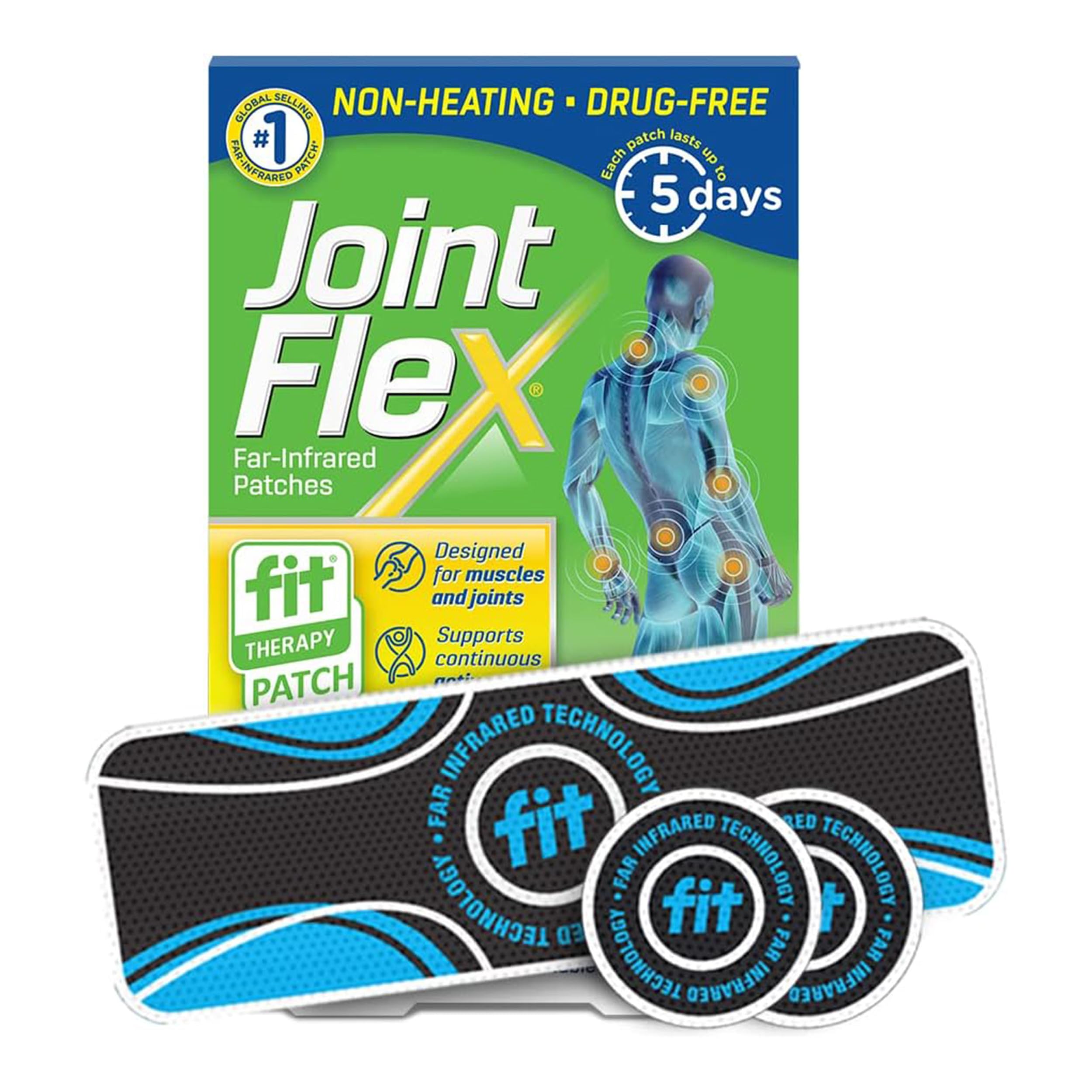 JointFlex FIT Therapy Far Infrared Patch Trial Pack, Supports Continuous Active Mobility for Muscles & Joints, up to 5 Days/Patch, Water Resistant, Non-Heating, Drug-Free—3-ct, 1 Rectangular/2 Round