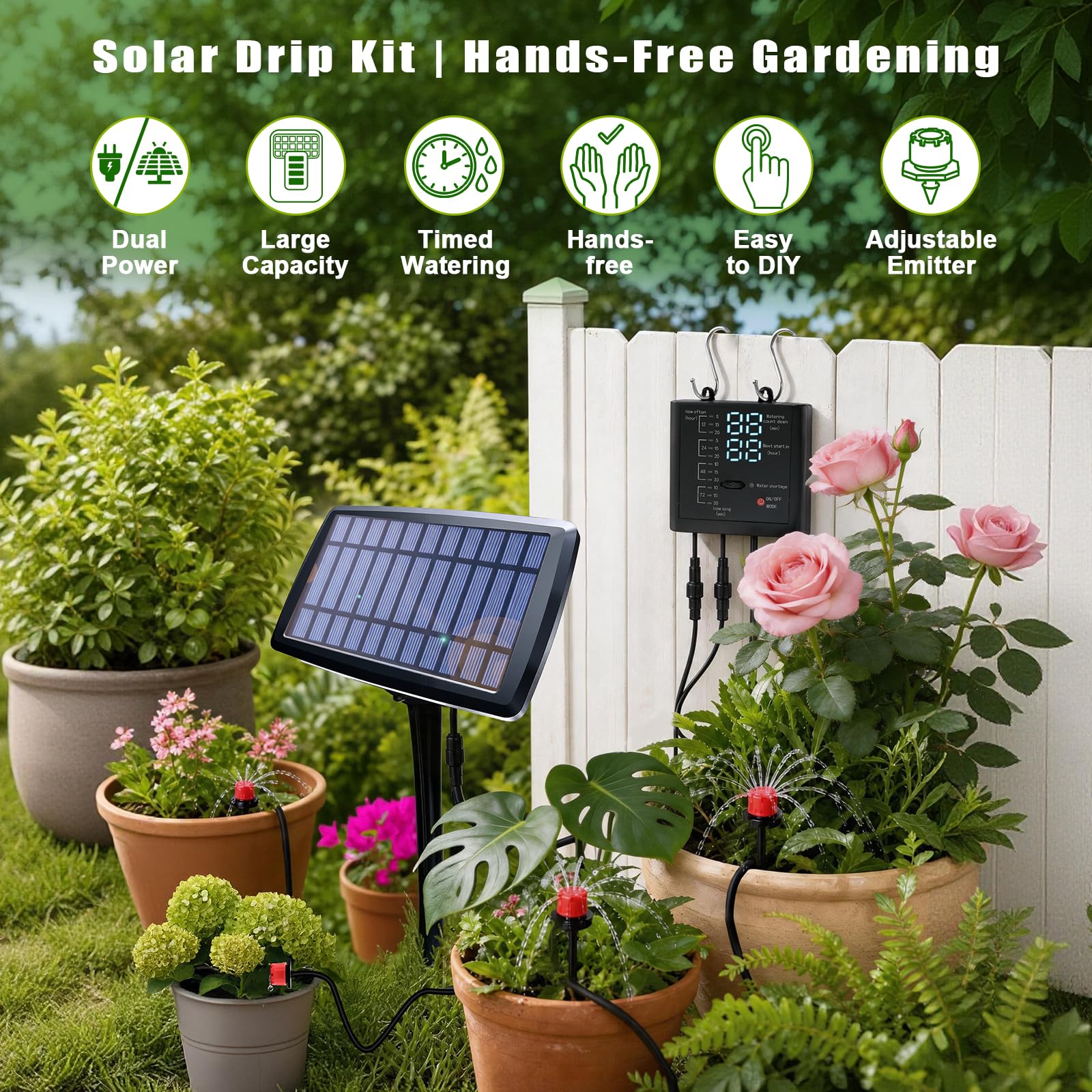 Sistema di irrigazione a goccia automatico solare, 12 impostazioni del timer, sistema di irrigazione da giardino, dispositivi di irrigazione automatica per piante, aiuole rialzate, serre, viaggi