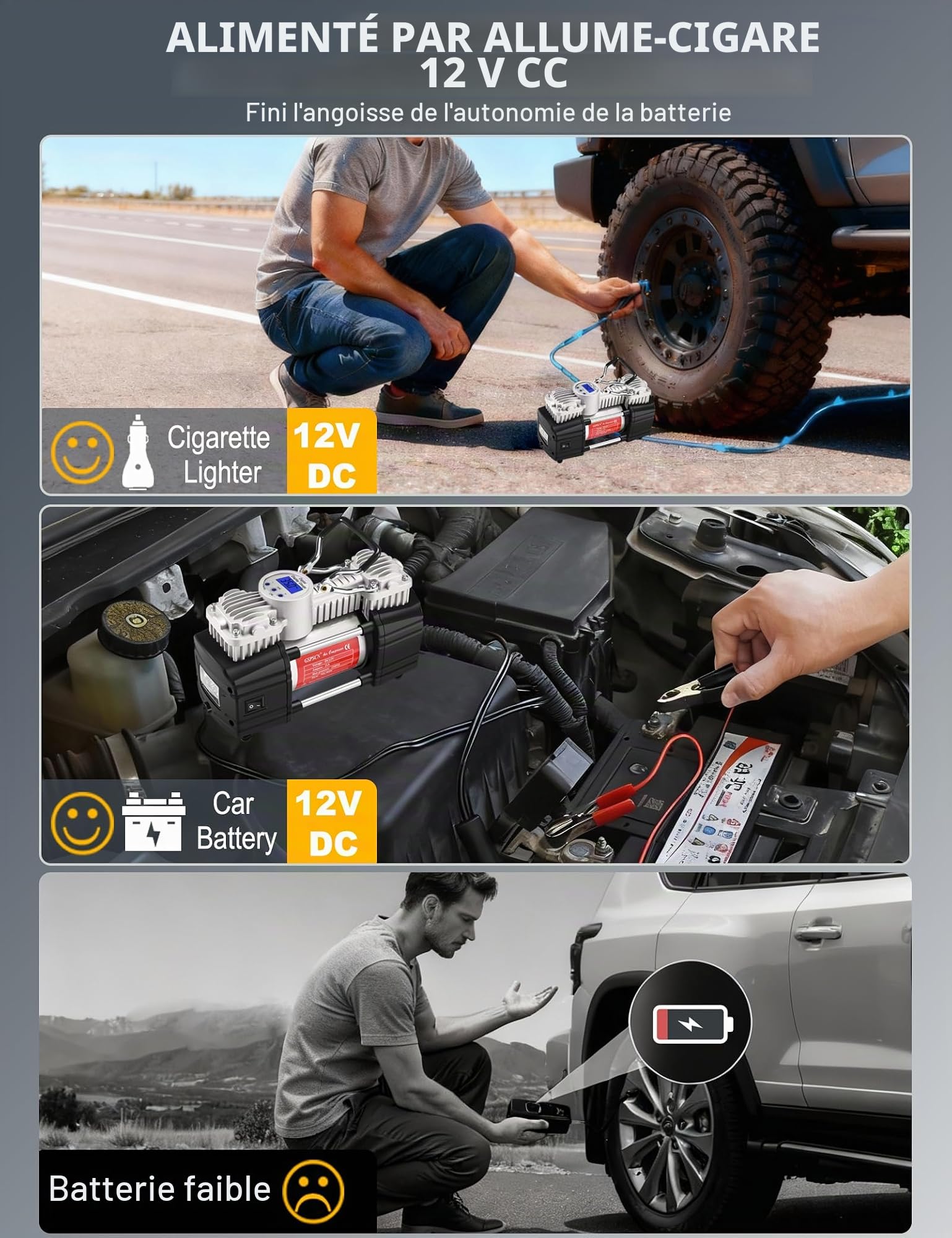 GSPSCN Compresseur d'Air Portatif Heavy Duty Gonfleur Pneus Voiture numérique à double cylindre 12V portable Gonflage Digital Pompe à pneu avec kit de réparation de pneu pour auto, SUV, tout-terrain