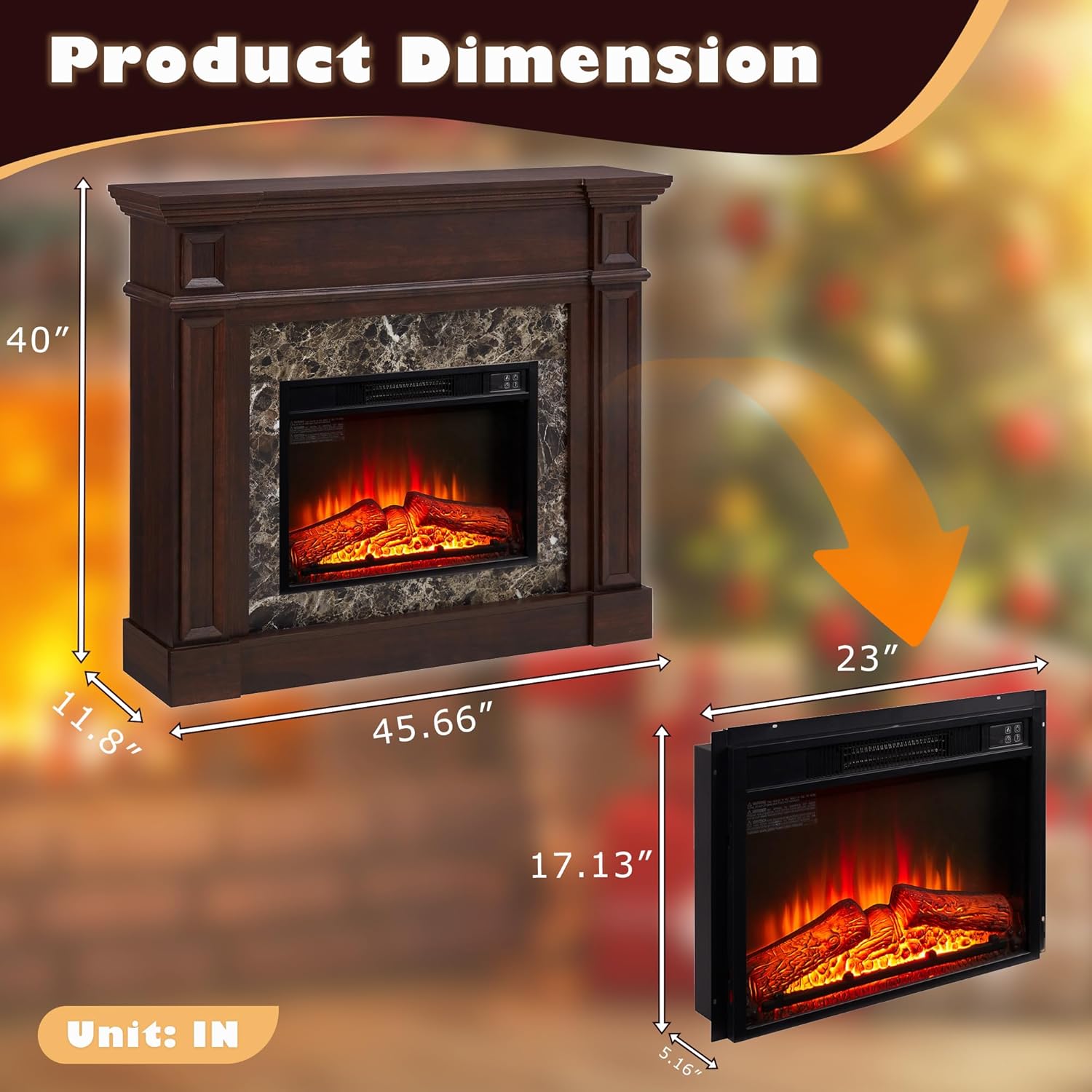 46 inch Electric Fireplace with Mantel, Portable Freestanding Wood Stove with Remote Control, 23'' Fireplace Insert,1400W Realistic 3D Flame Stacked Stone Surround (Dark Cherry, 46 inch)