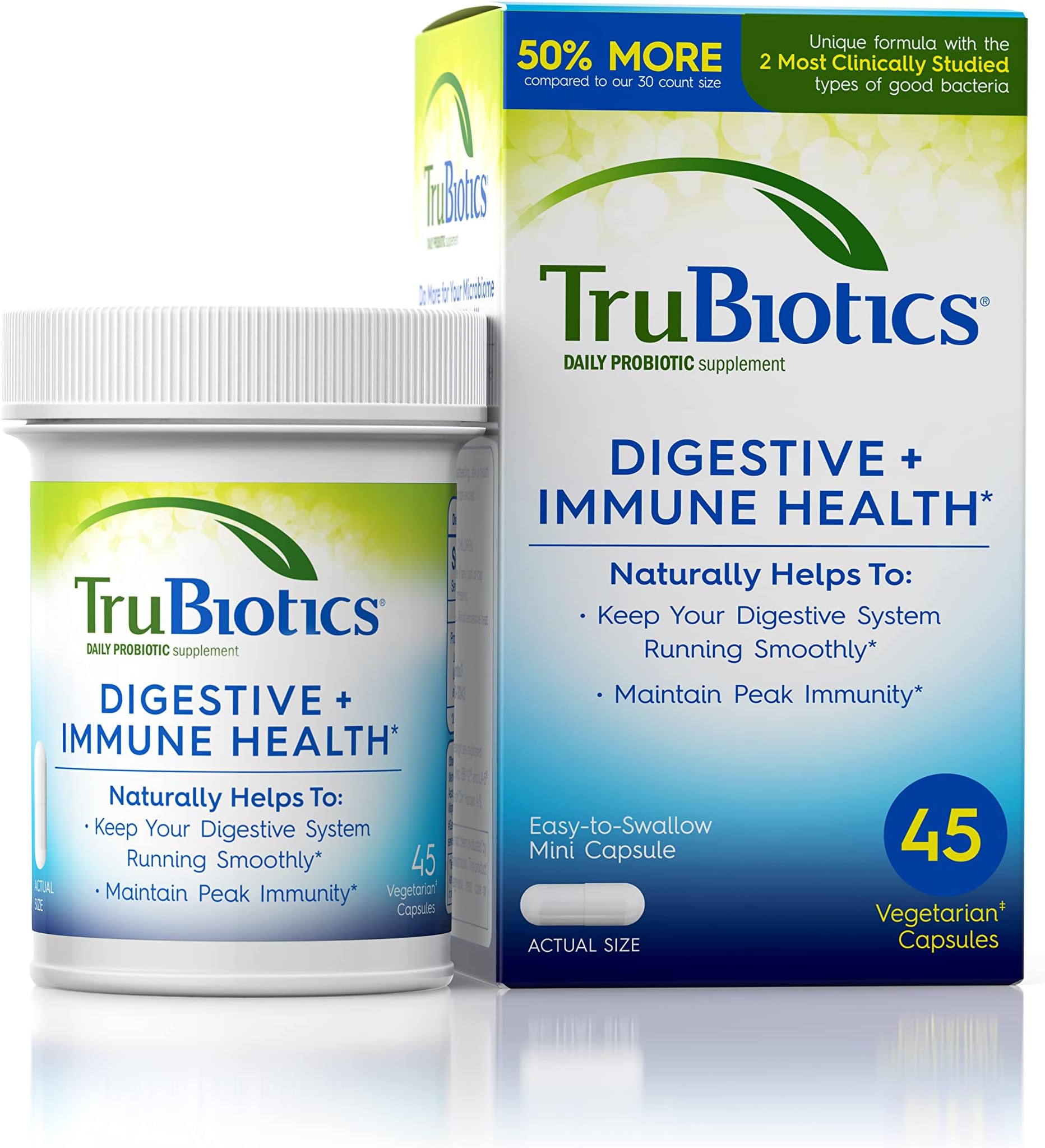 TruBioticsProbiotics for Digestive & Immune Health, Supports Regularity & Helps Relieve Abdominal Discomfort, Gas & Bloating, 2 Clinically Studied Probiotic Strains, Plus Prebiotics, 45 Capsules