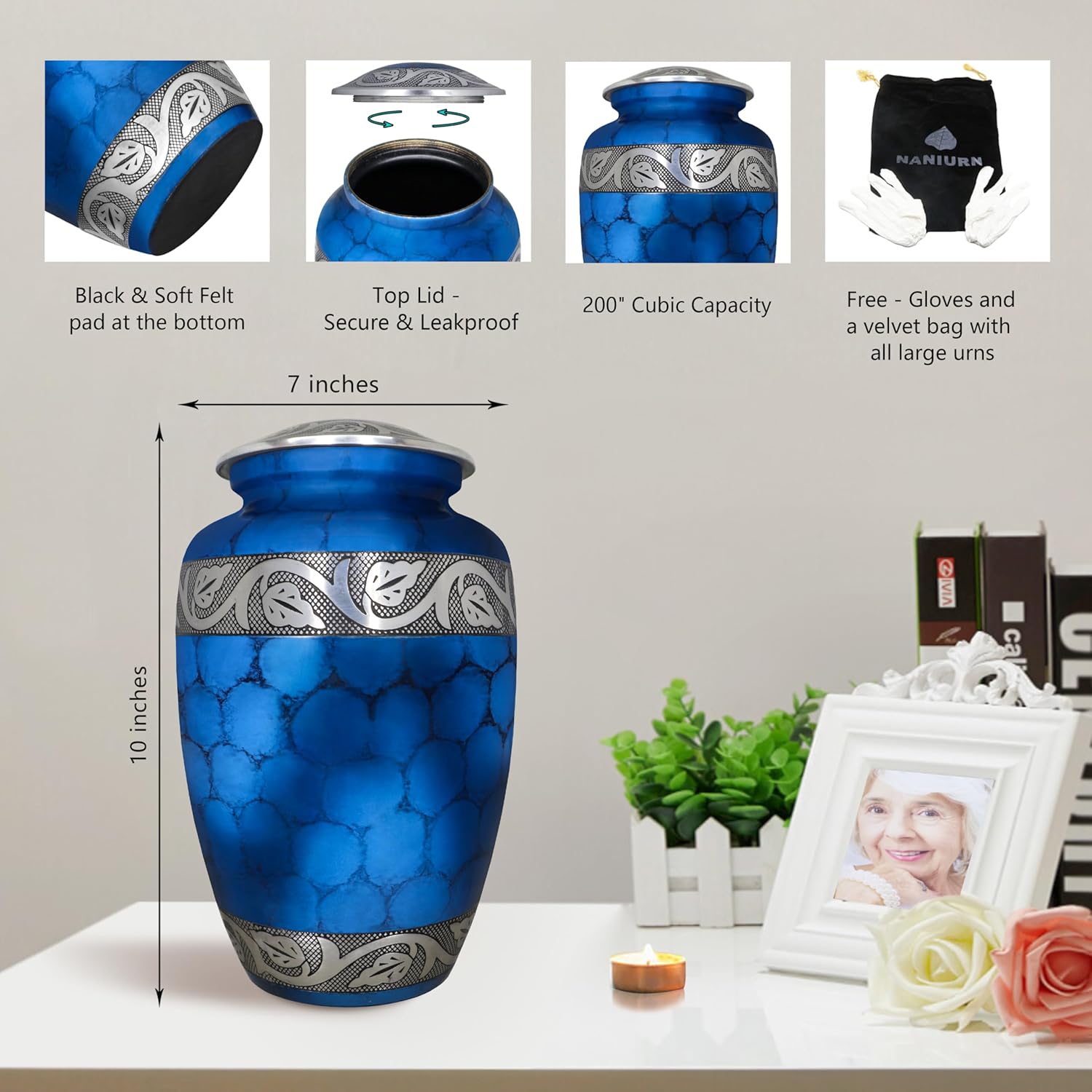 Burial Urns for Adult Human Ashes, Cremation Urns for Human Ashes, Funeral Metal Engraved Urn, Memorial Urn, Erns, Blue Texture - Large Size