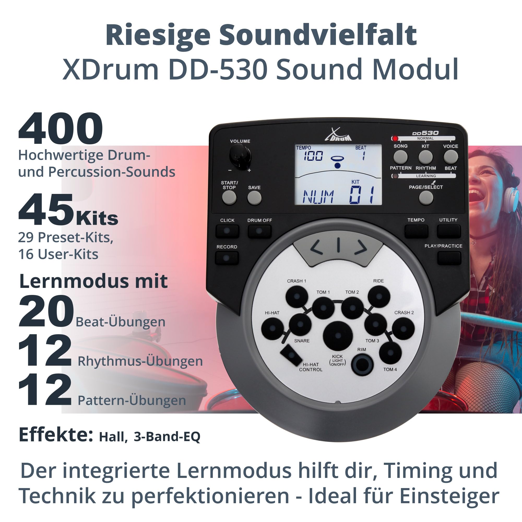 XDrum DD-530 Set de Batería Electrónica con Parche Mesh, Rack para batería | 4 pads de batería estéreo con parches mesh (2 x 8", 2 x 10"), 3 pads de platillos estéreo (HiHat 10", Crash 12", Ride 12")