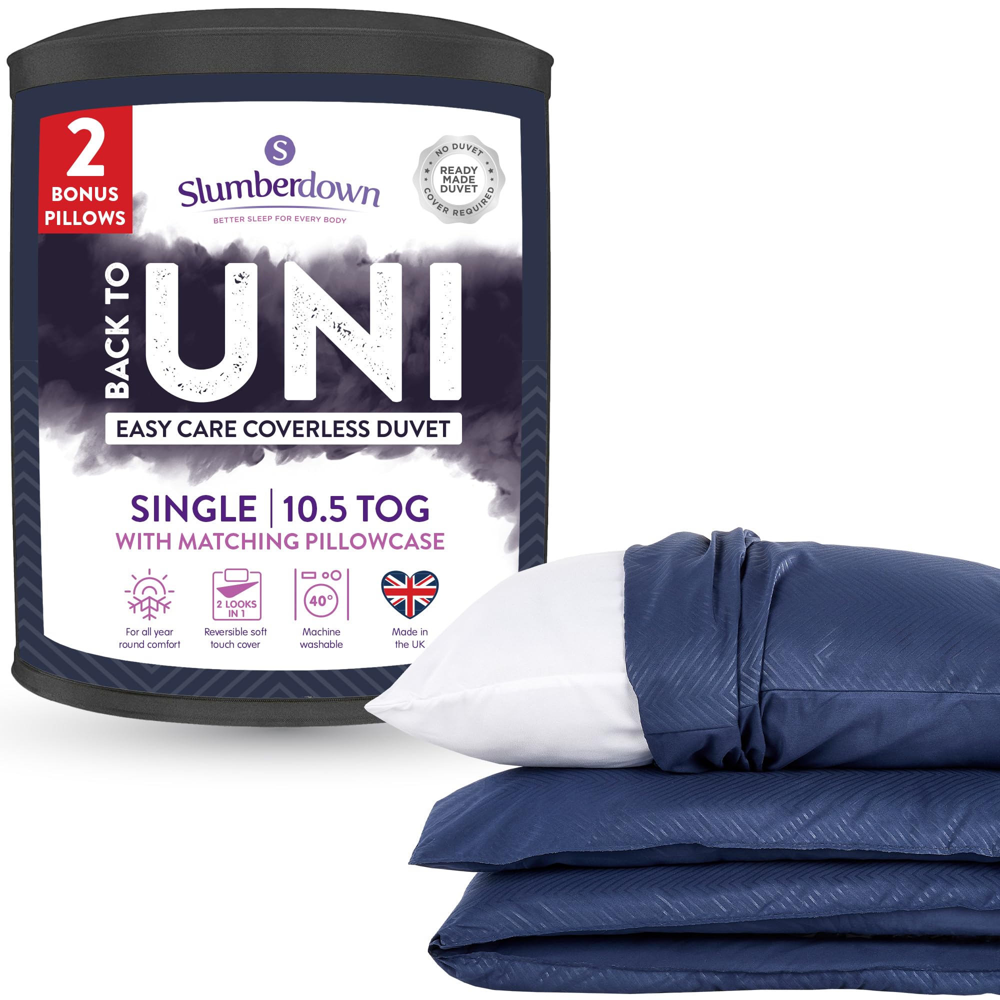 Slumberdown Unisex Navy Back To Uni Embossed Herringbone 10.5 Duvet, 2 Pillows In Single