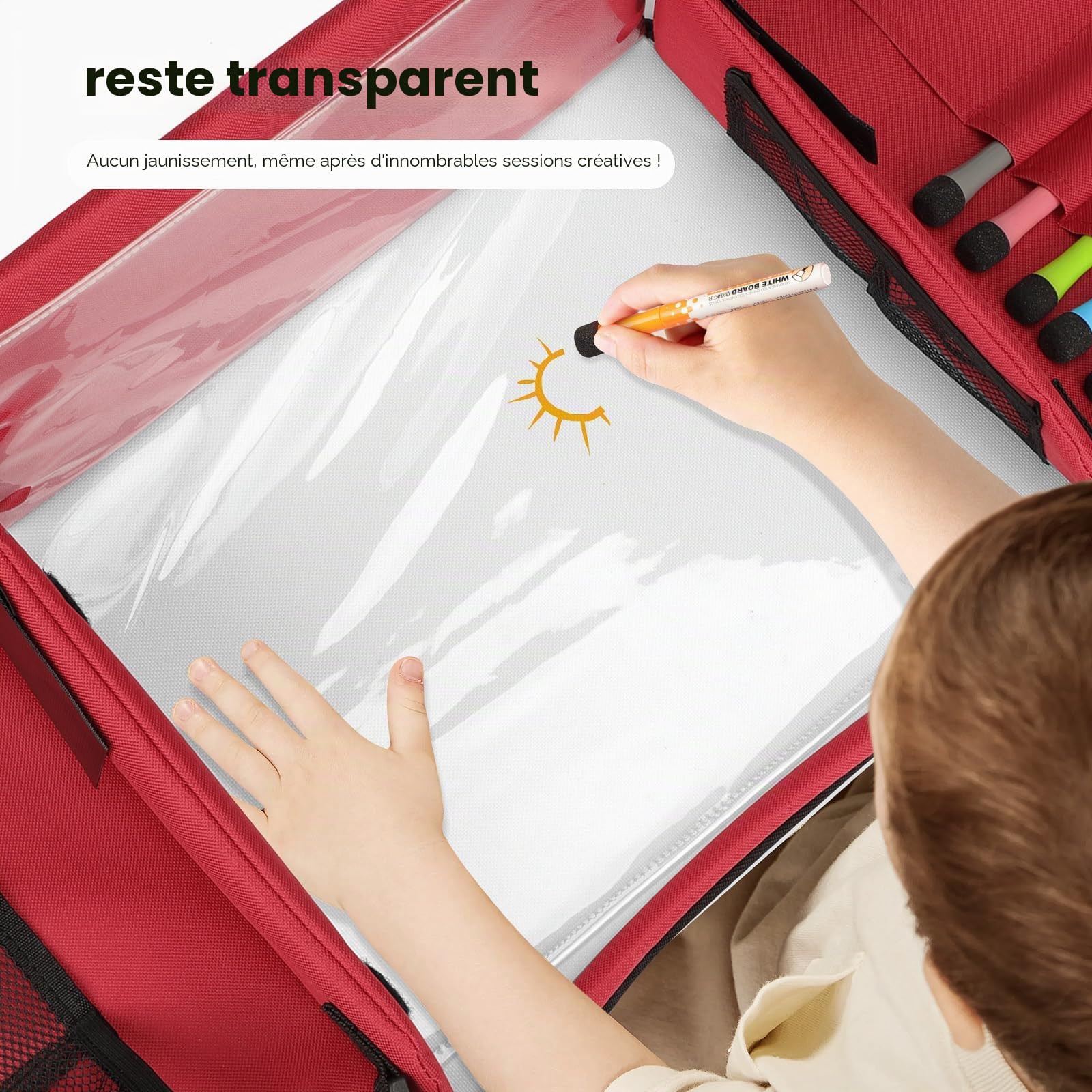 YOOFAN Plateau de Voyage Enfant Voiture - Plateau de Dessin et de Jeu Polyvalent avec Fenêtre pour iPad, 6 Stylos de Couleur, Carton Amovible et 4 Poches pour Livres et plus