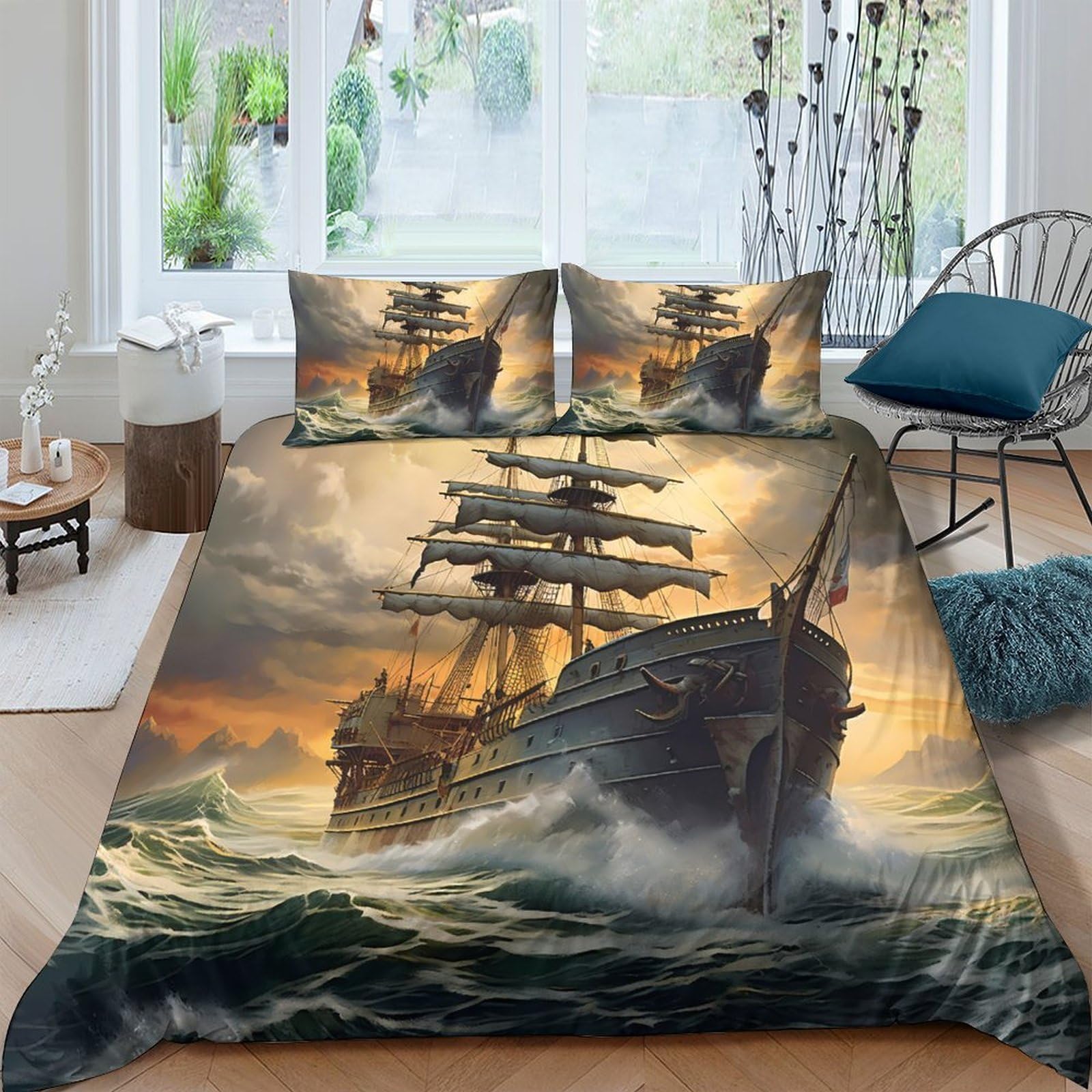 Ctjqhvkz Style-3 3D Printed Vintage Sailing Ship Fitted Sheet Microfiber Artistic Ocean Storm Mattress Cover Bedroom Decor Single（135X200cm）