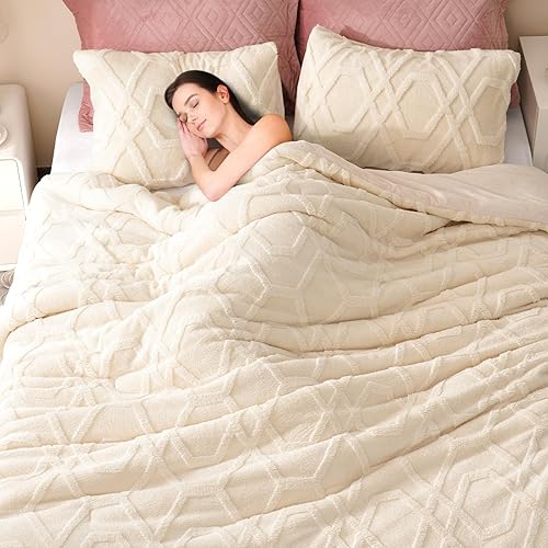 Miniatura 3 de PHF - Juego de edredón cálido de vellón Sherpa, suave ropa de cama 3D capitonada y mullida para invierno, 3 piezas, Queen, crema, 1 edredón (90" x