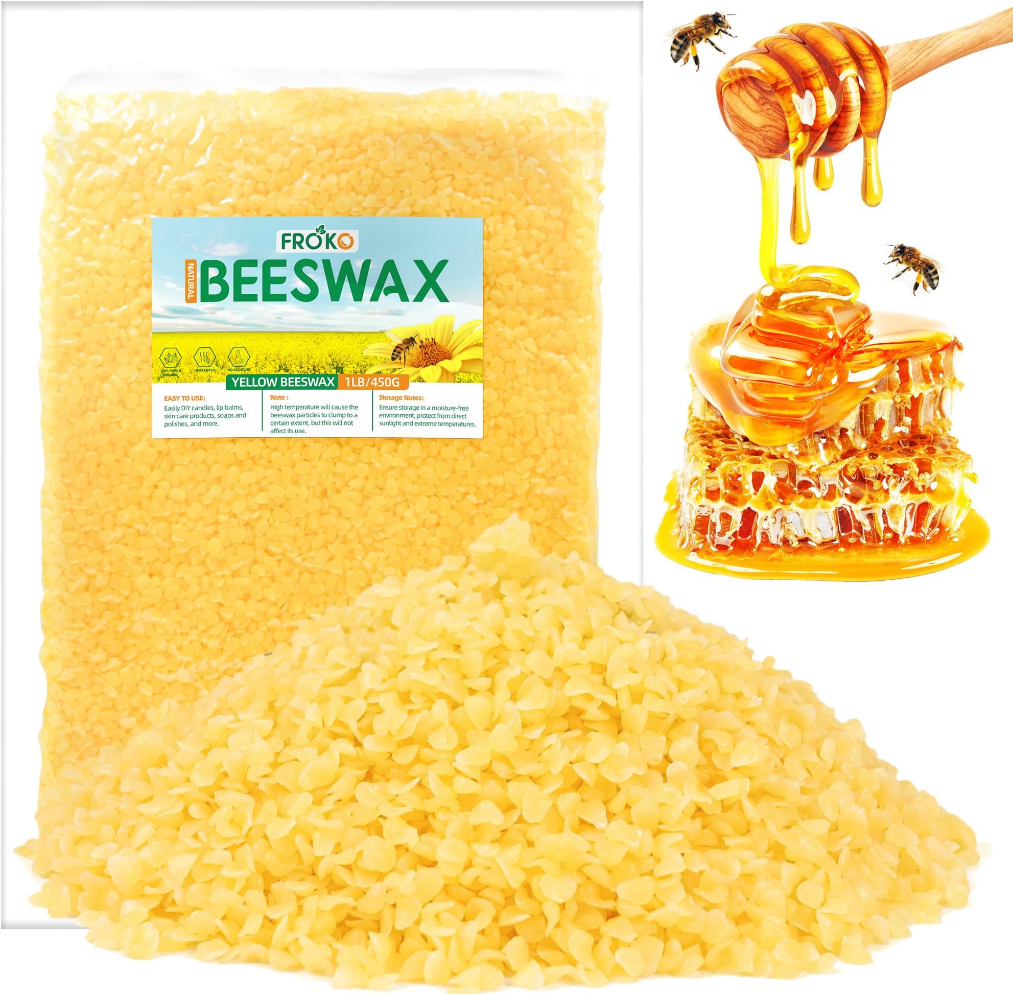 FROKO Yellow Natural Beeswax Pellets 1LB, Organic Beeswax, Beeswax for Candle Making, Body, Skin Care DIY, Lip Balm, Soap and Lotion Making Supplies