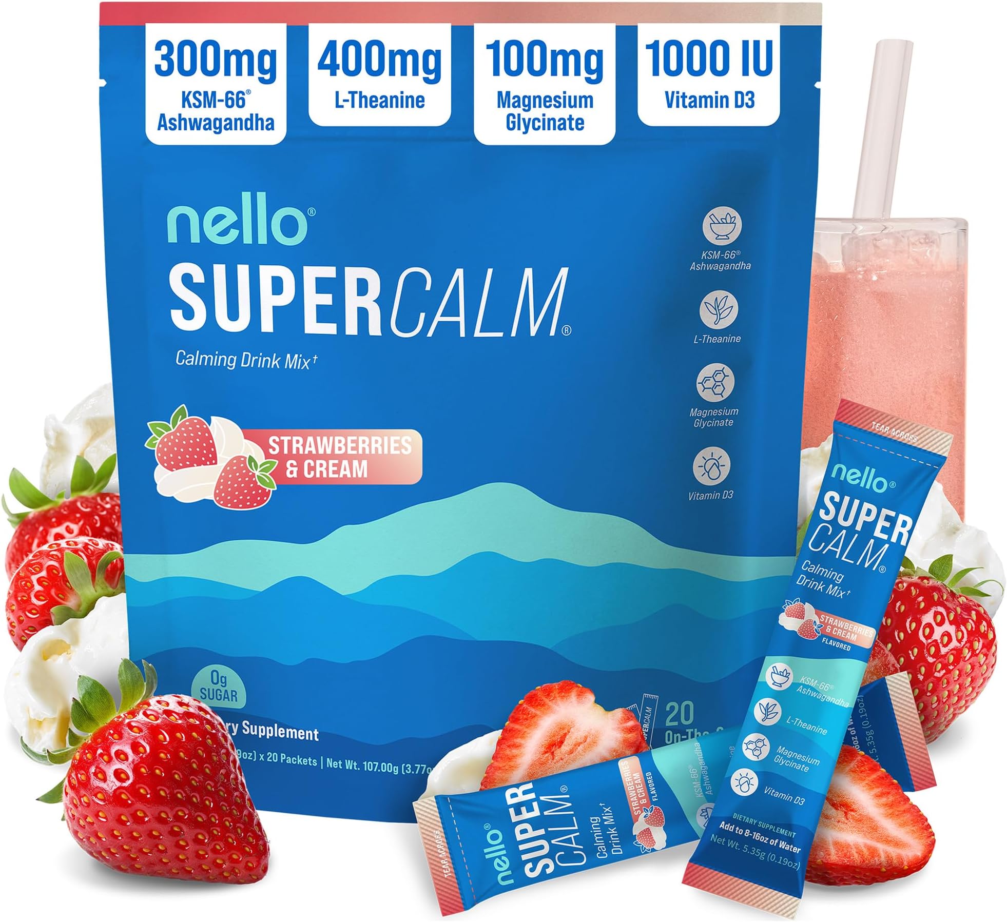 - Supercalm Powdered Drink Mix, Cortisol Reducer*, Sleep Aid Supplement, L Theanine, Ksm-66 Ashwagandha, Magnesium Glycinate, Vitamin D 3, No Sugar, Non GMO, 20 Ct, Strawberries & Cream
