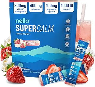 Nello Supercalm Powdered Drink Mix, Cortisol Reducer*, Sleep Aid Supplement, L Theanine, Ksm-66 Ashwagandha, Magnesium Glycinate, Vitamin D 3, No Sugar, Non GMO, 20 Ct, Strawberries & Cream