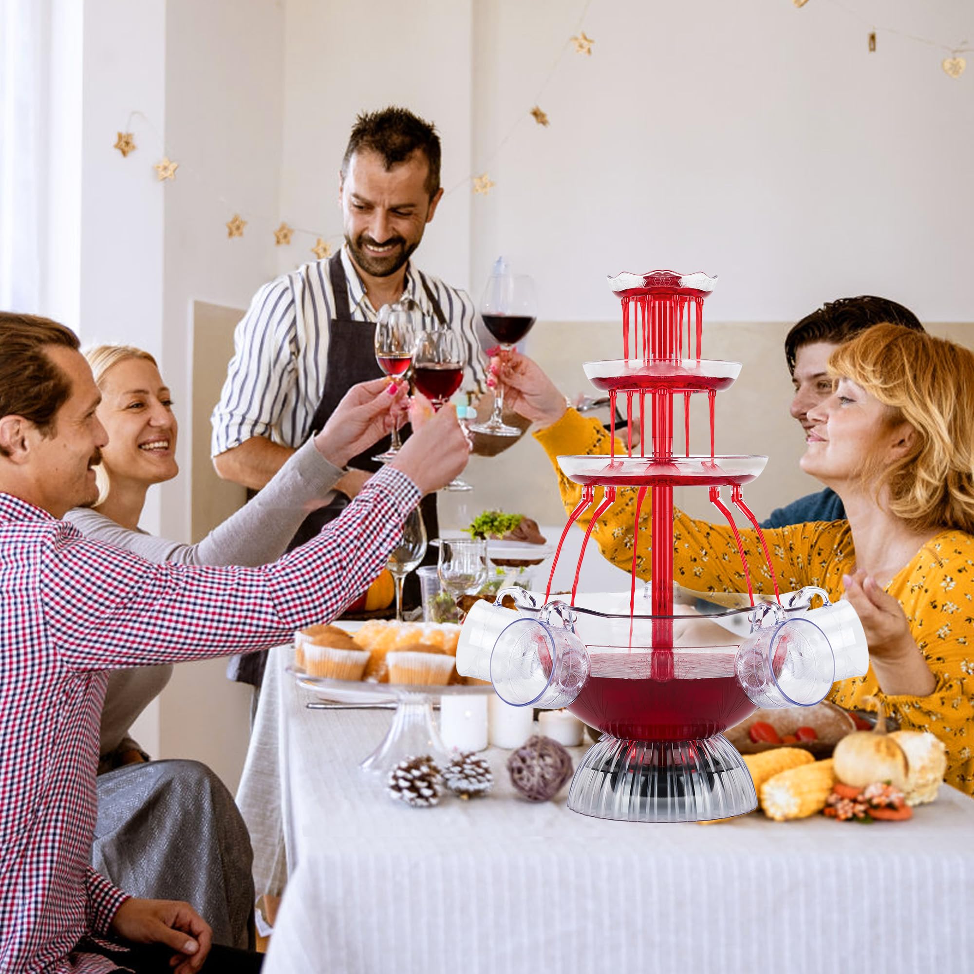 Fontaine à Vin Rouge 3 Niveaux Électrique avec 5 Tasses et Éclairage LED pour Fêtes
