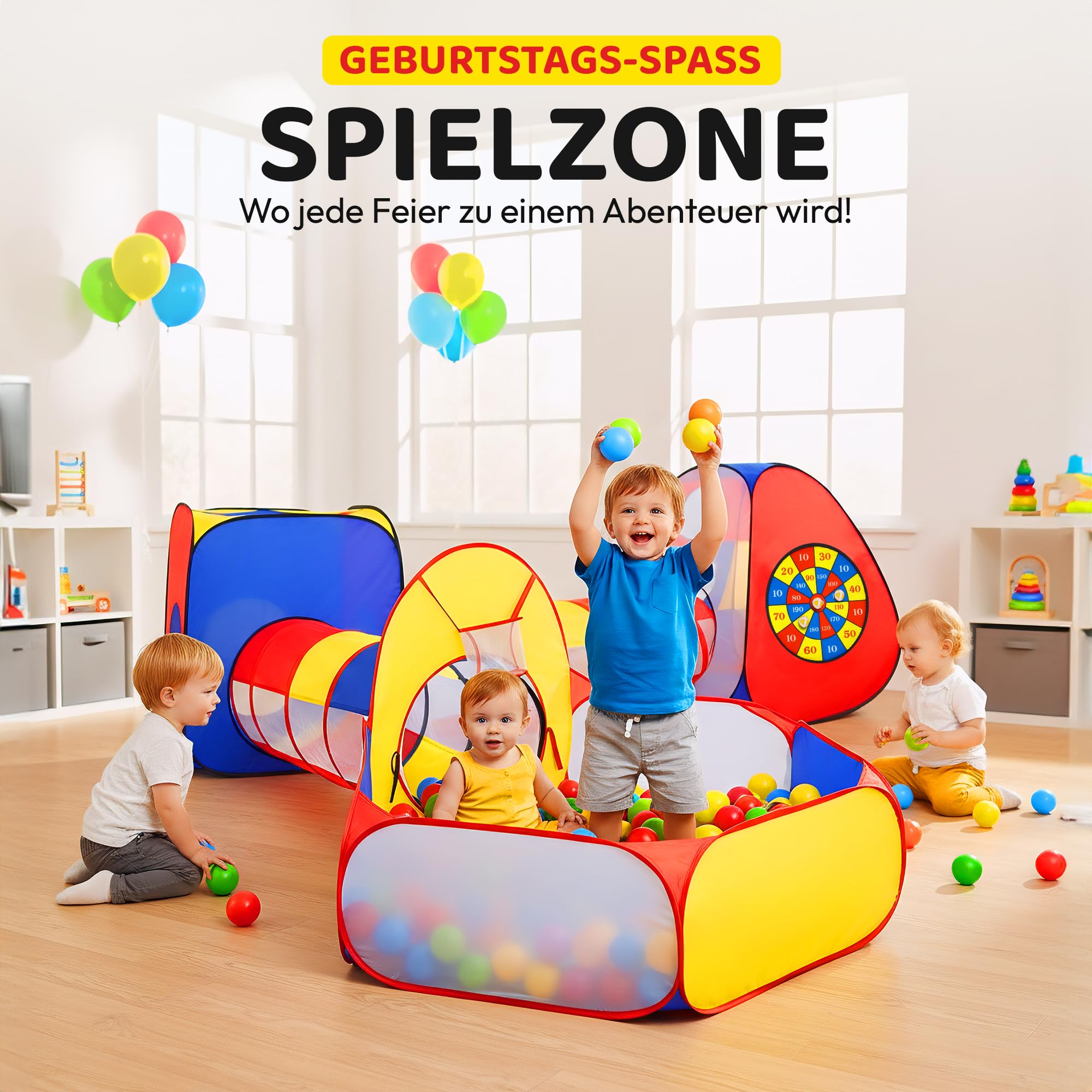 all Kids United® Spielzelt mit Tunnel, Bällebad, Krabbel-Tunnel & mehr (ohne Bälle) XXL Spielland 5-teiliges Pop-Up Spiel-Haus mit Tasche