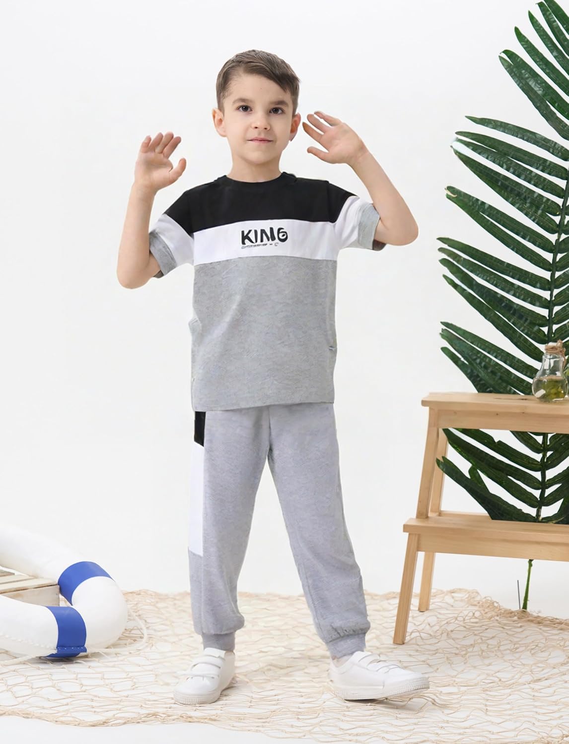 6-12 Years Kid Boys Clothes Outfits Casual Crew Neck Colorblock Short Sleeve Top Fall Pants Set - Image 3