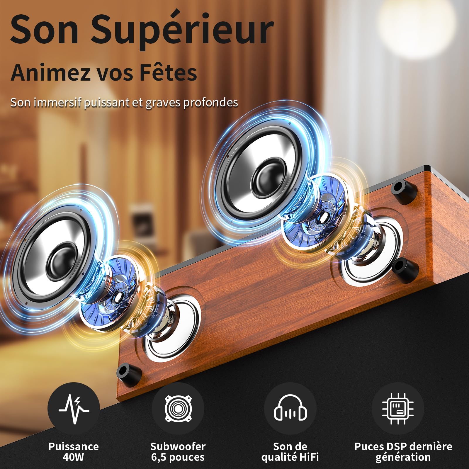 JYX Soundbar con due microfoni wireless, sistema audio home cinema con Bluetooth, display LED, sveglia, telecomando, effetto legno, per karaoke e TV