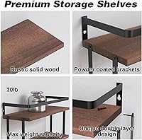 Vista 24 de Juego de 2 estantes flotantes montados en la pared de 3+1 niveles, estante de pared de madera rústica con marco de metal, estante de almacenamiento