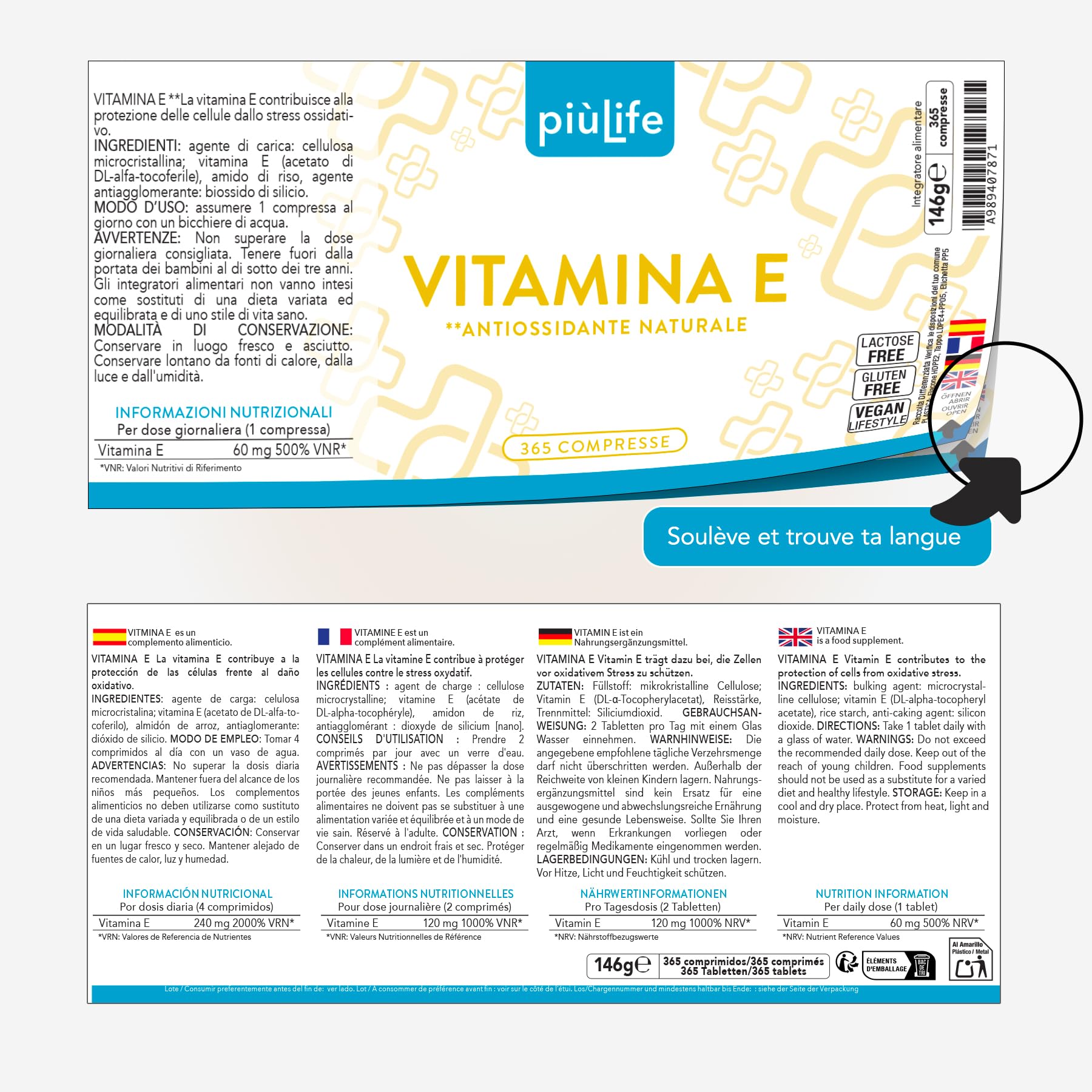 Vitamine E Pure 120mg Par Dose 178UI PiùLife, 365 Comprimés Complément Alimentaire Vitamine E Visage Peau, Yeux Vue, Vitamine Cheveux, Bien-être Antioxydant, 2 Comprimés Par Jour