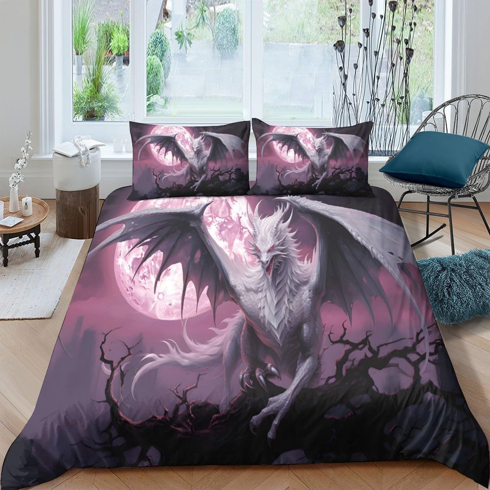 GPLZQXKJNH 3D Printed White Dragon Moon Duvet Cover Microfiber Soft Breathable Gothic Forest Bedding Set with 2 Pillowcases for Bedroom Decor Single（135x200cm）