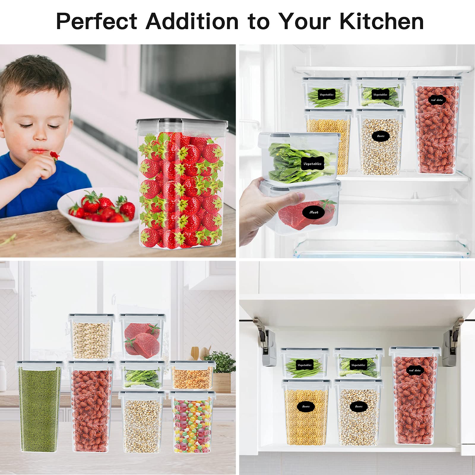 rokrist Caja de almacenamiento de cocina, lote de 8, frascos herméticos de plástico sellados con tapa, para almacenar cereales, pasta, harina, comida para mascotas