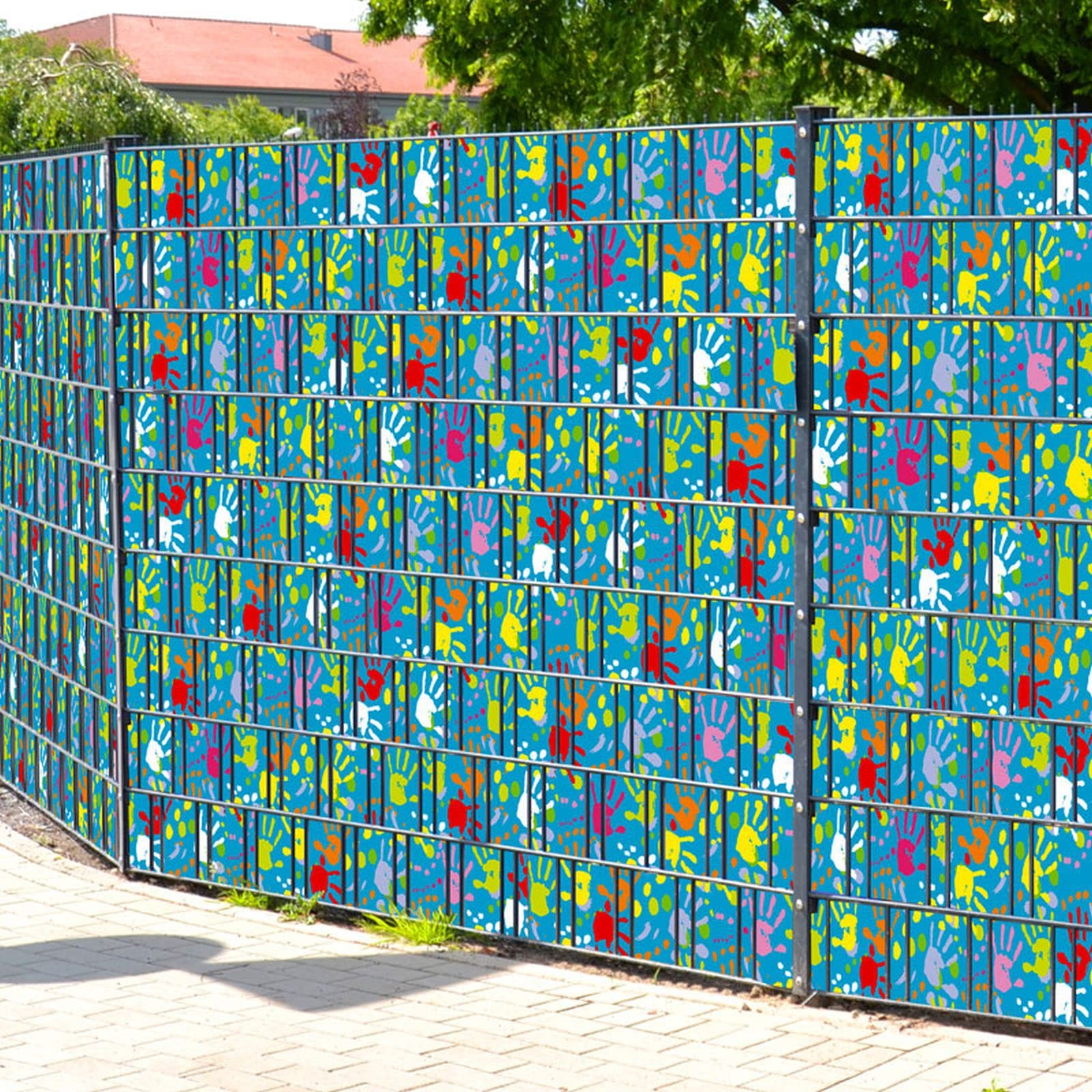 Bedruckter Sichtschutz Kindergeburtstag Doppelstabmatten Motivdruck Kinder | moderner Motivdruck | Garten-Deko | Sichtschutzstreifen Rolle | Vlies | Windschutz 2,5m x 2,0m