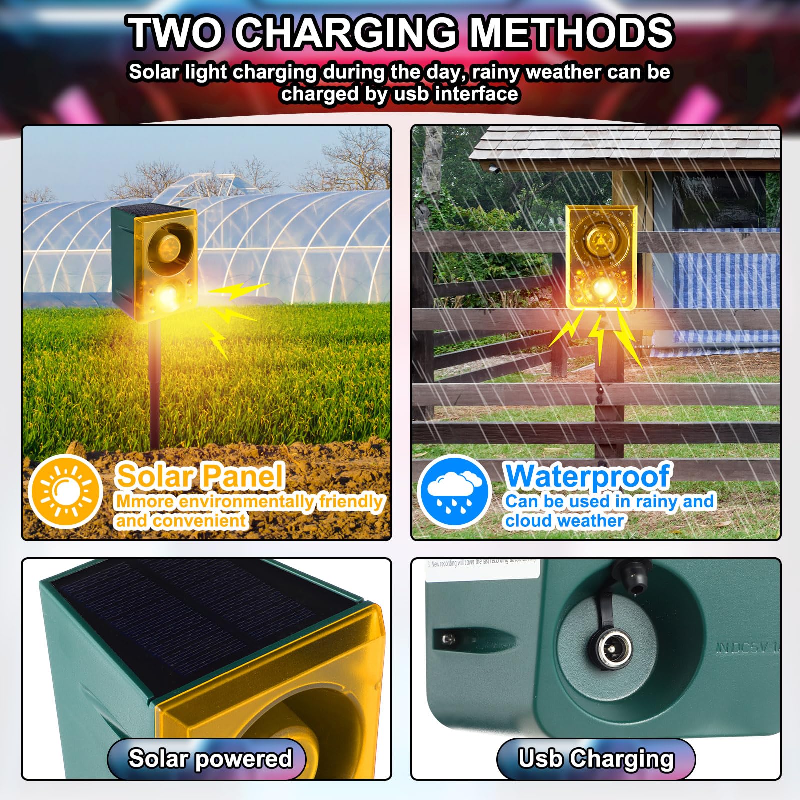 Qualirey Allarme solare per esterni con sensore di movimento con picchetto, spari e suoni che abbaiano del cane, 3 modalità di supporto per la registrazione e il volume regolabile, ricarica USB, 129