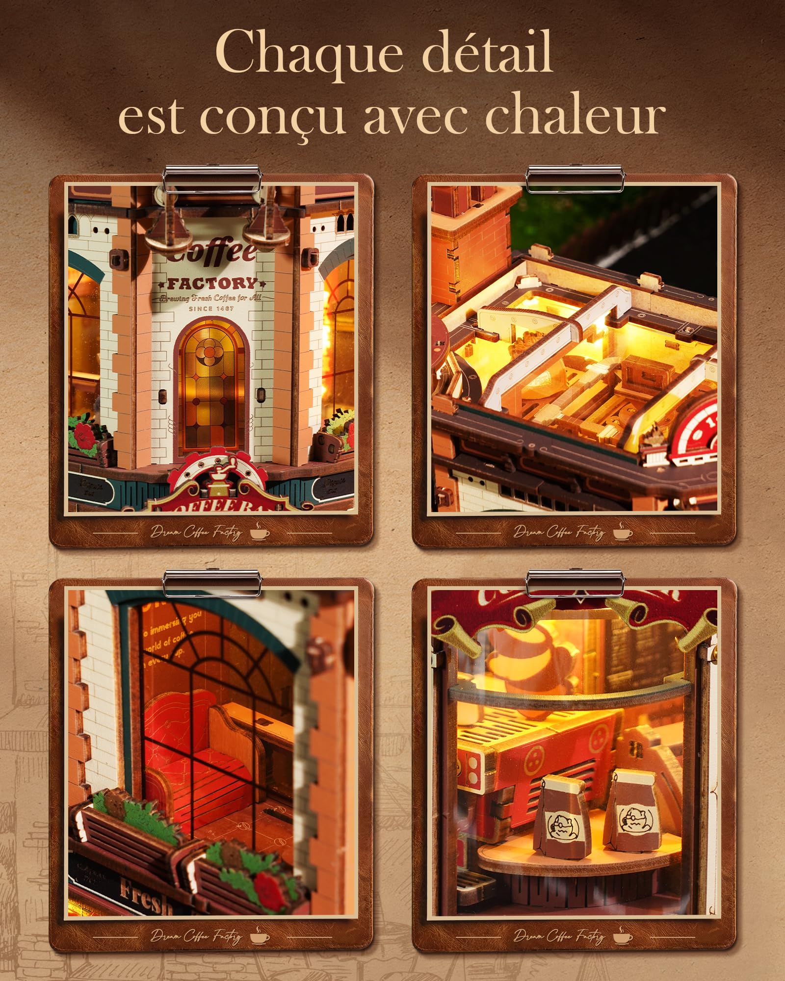 ROBOTIME Puzzle 3D en Bois pour Adultes à Construire – Dream Coffe Factory, Kit de Construction Miniature avec Musique, Lumières et Scènes Animées, Maison Miniature/Book Nook Café EAB02