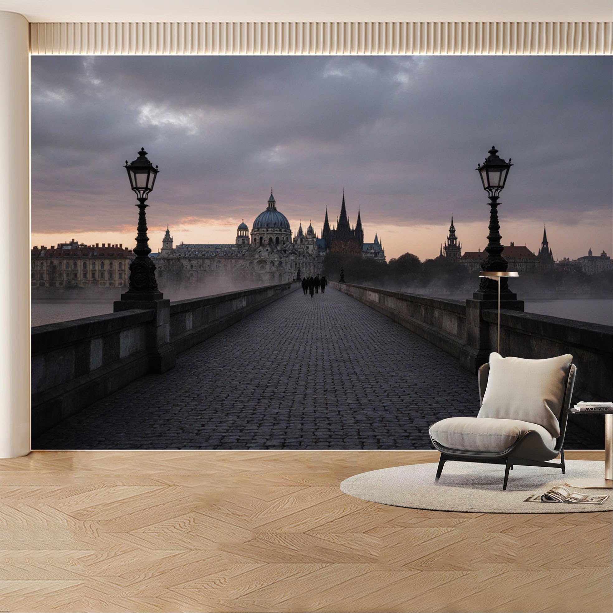 Custom Wall Mural Wallpaper Cityscape Bridge Cathedral Landscape Architecture Wall Decor Large Wall Art Vintage Misty Sunset Removable SelfAdhesive Large Photo for Living Room， Bedroom， Office