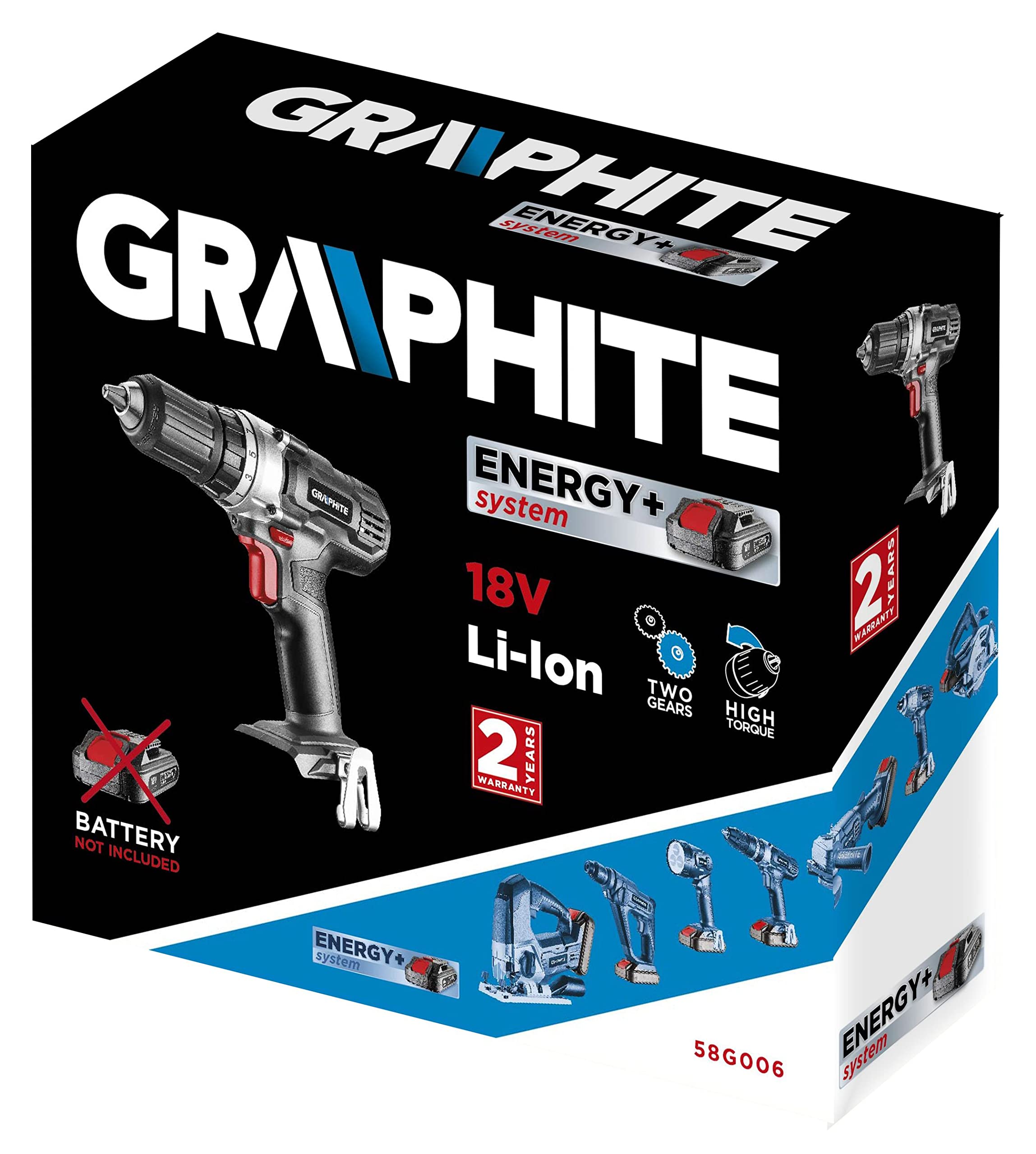 GRAPHITE Perceuse-visseuse sans fil 18V, Li-Ion, RPM I: 0-350 rpm II: 0-1250 rpm, sens horaire/anti-horaire, mandrin auto-serrant 2-13 mm, positions de la bague d'embrayage 1-19 (et option de perçage)