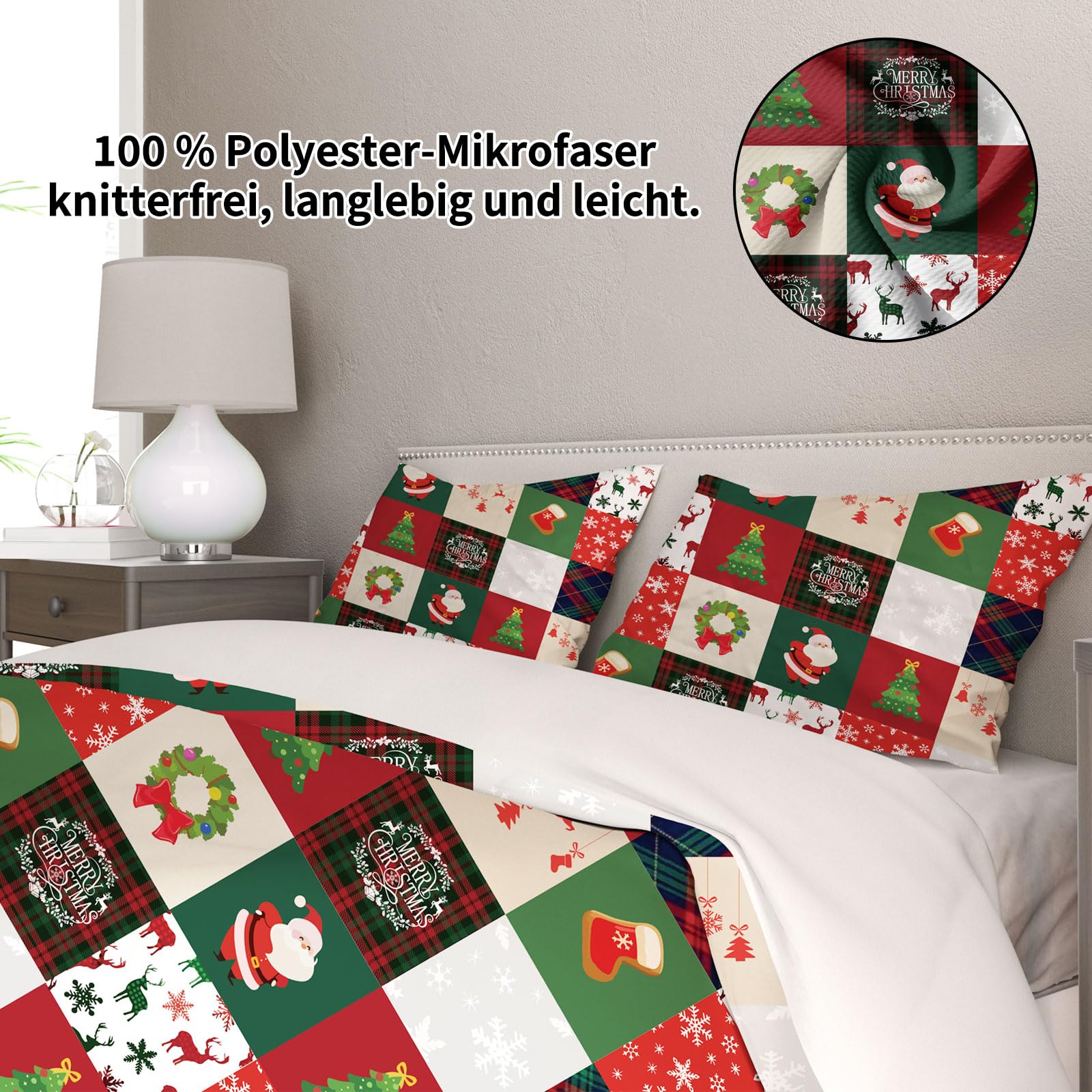 UGZDEA Christmas Bedding Set 200x200cm, 3D Christma Bedding Set including 2 Pillowcases, Father Christma, Christmas Tree - Image 3