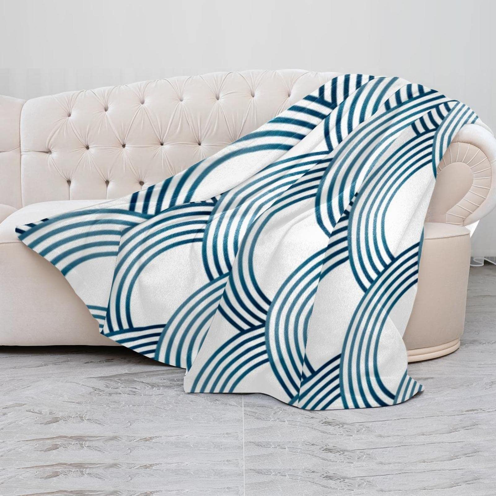 Manta de forro polar, súper suave y lujosa, con escamas de Sashiko, color blanco y azul