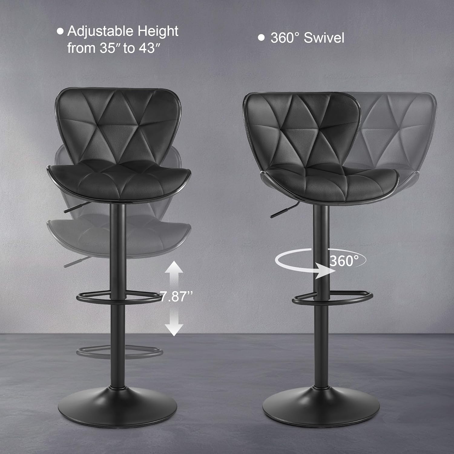 Bar Stools Set of 2, Modern Swivel Counter Height Bar Stools, Adjustable Leather Bar Chairs with Backrest, Upholstered Armless Bar Height Stools, Island Chairs for Kitchen Counter, Black