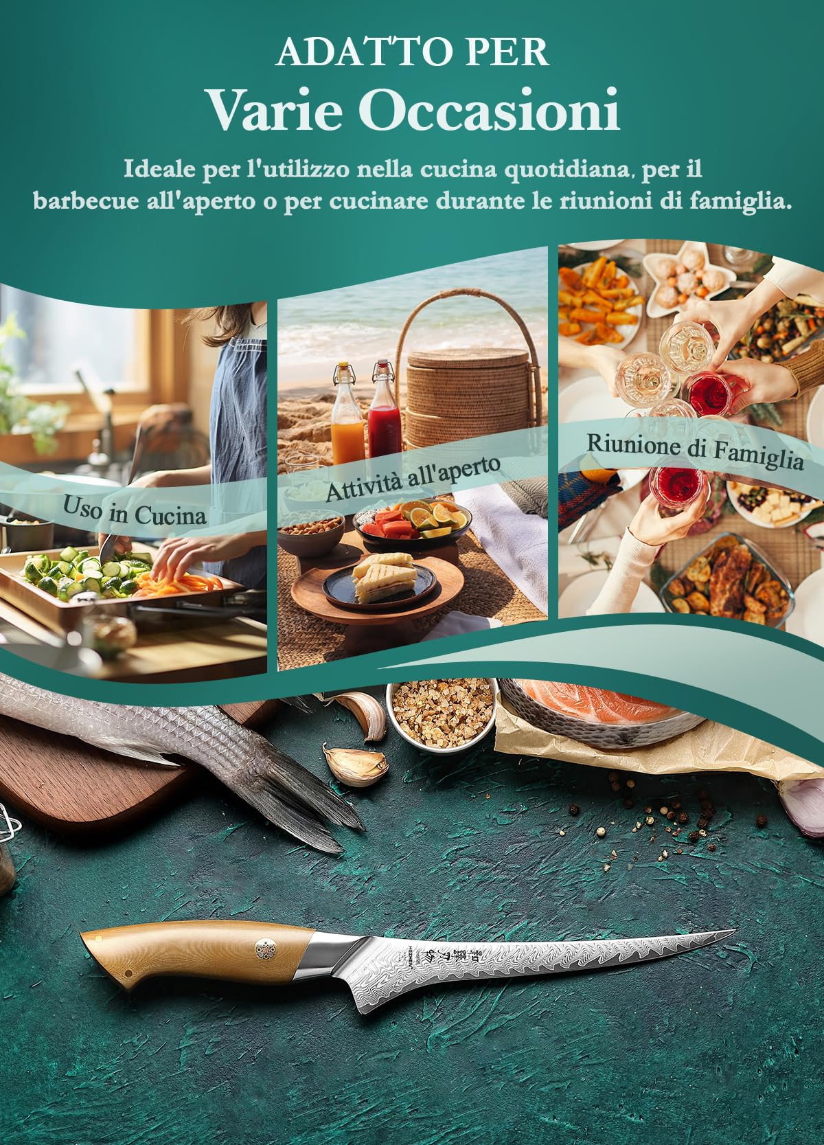 HEZHEN Damasco Coltello per Sfilettare, Profesional Pesce Filetto Coltelli da Disosso Filettare, Confortevole Full Tang Manico