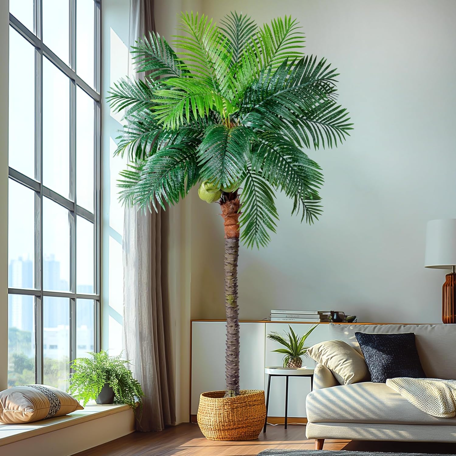 30-Year Factory Faux Coconut Tree - 9.1FT Faux Palm Tree Realistic Thick Trunk & Heavy Duty Leaves, Hand-Carved Bark Texture, Indoor Tropical Decor for Living Room/Store, No Shiny Plastic Look