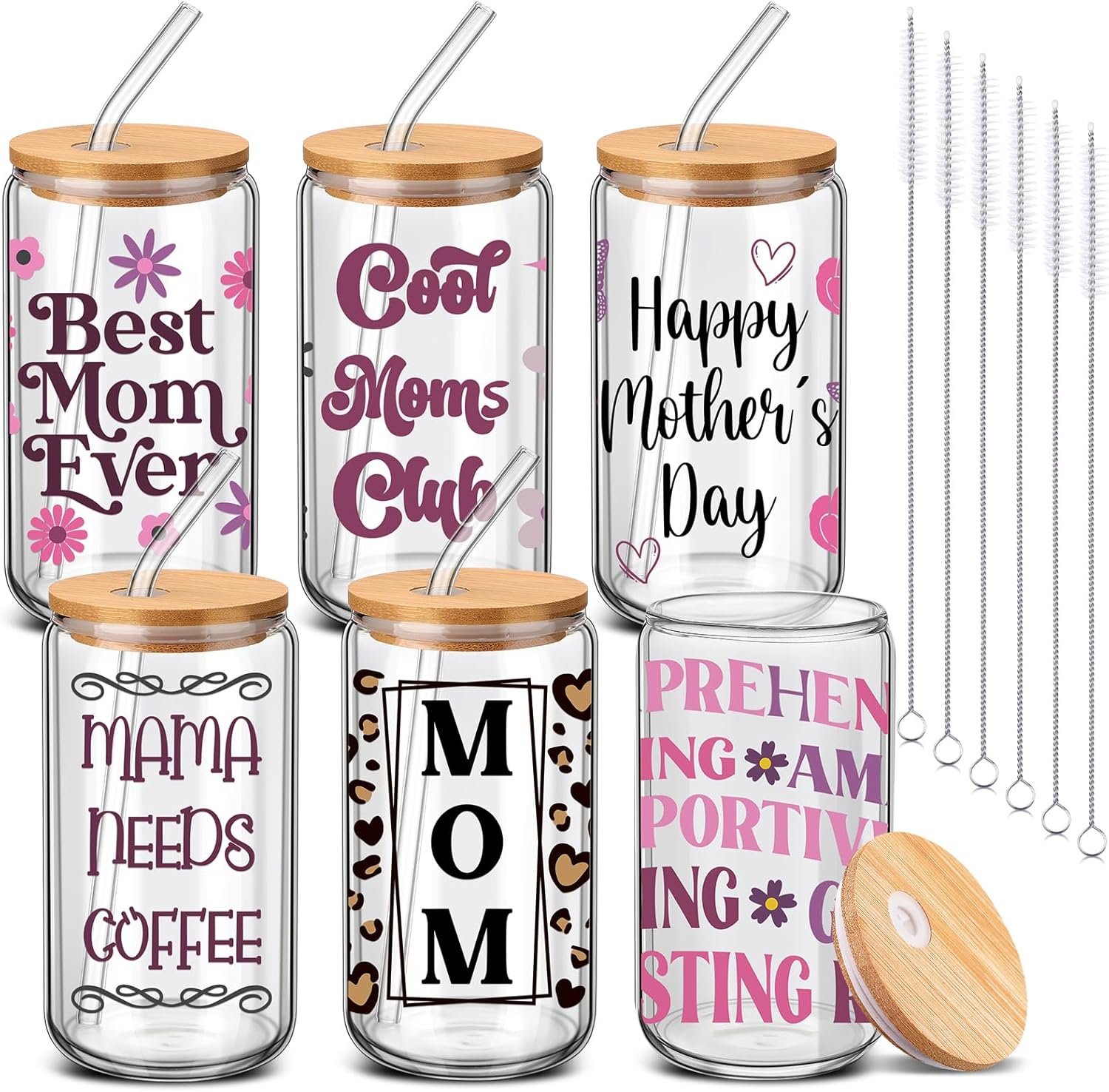 6 Pcs Mom Gifts for Mother's Day Bulk 16oz Mama Glass Cups with Lids and Straws Best Mom Ever Can Shaped Coffee Tumbler from Daughter Son for Mama Mommy Birthday Stuff