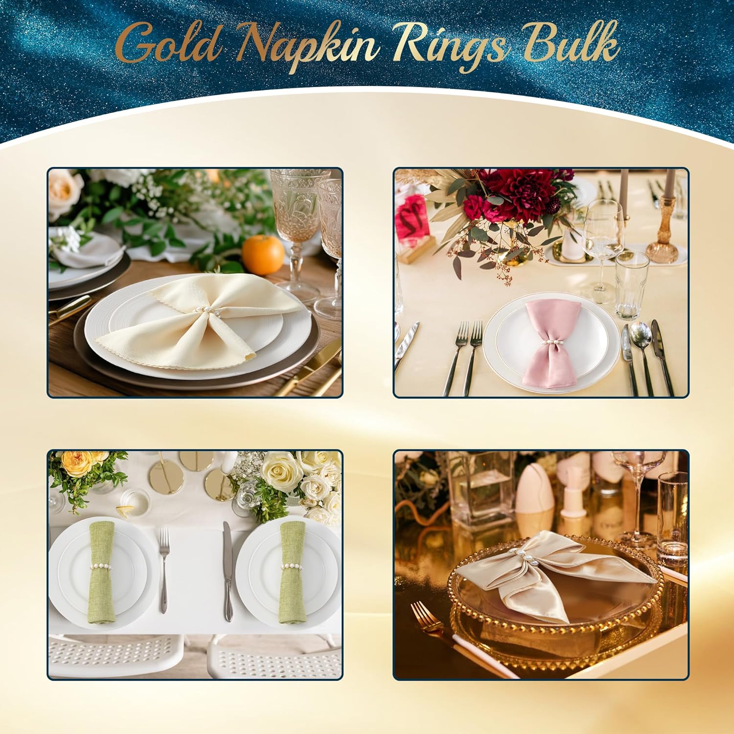 APTWOW Pearl Gold Napkin Rings Set of 100 - Imitation Pearl Napkin Holder, Disposable White&Gold Napkins Rings Bulk for Wedding Party Birthday Banquet Table Decor and Daily Use
