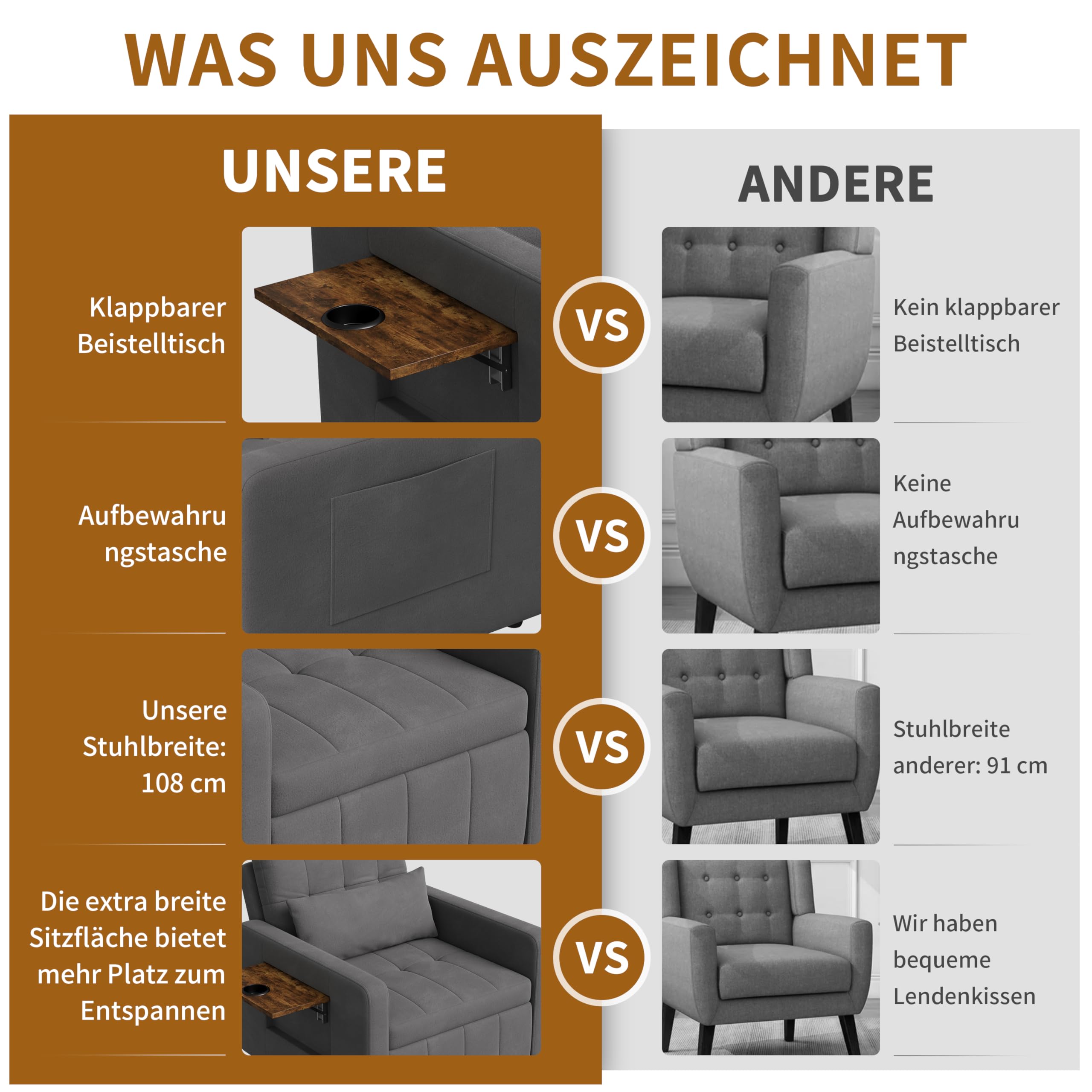 Schlafsessel 3 in 1,schlafsessel mit bettfunktion Ausziehbares Schlafsofa Schlaferstuhl mit Verstellbarer Rückenlehne Sessel mit Schlaffunktion GäStebett Klappbar mit Seitentasche (Grau)