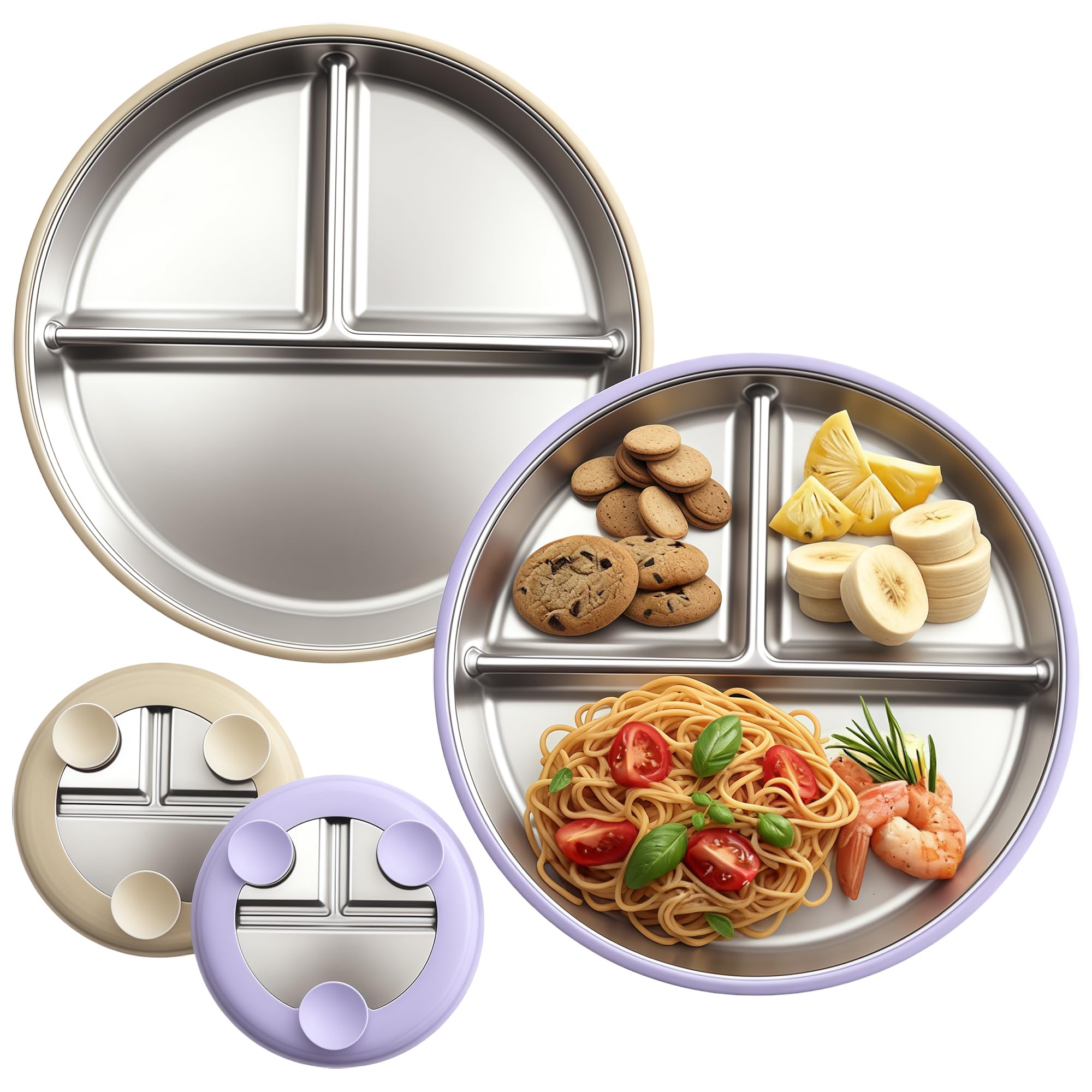 SENLINLIN 2 Stück Baby-Teller mit Saugnapf, Edelstahl geteilter rutschfester Kleinkind-Teller, BPA-frei, abnehmbare Silikonhülle, spülmaschinenfest, ideal zur Förderung selbstständigen Essens