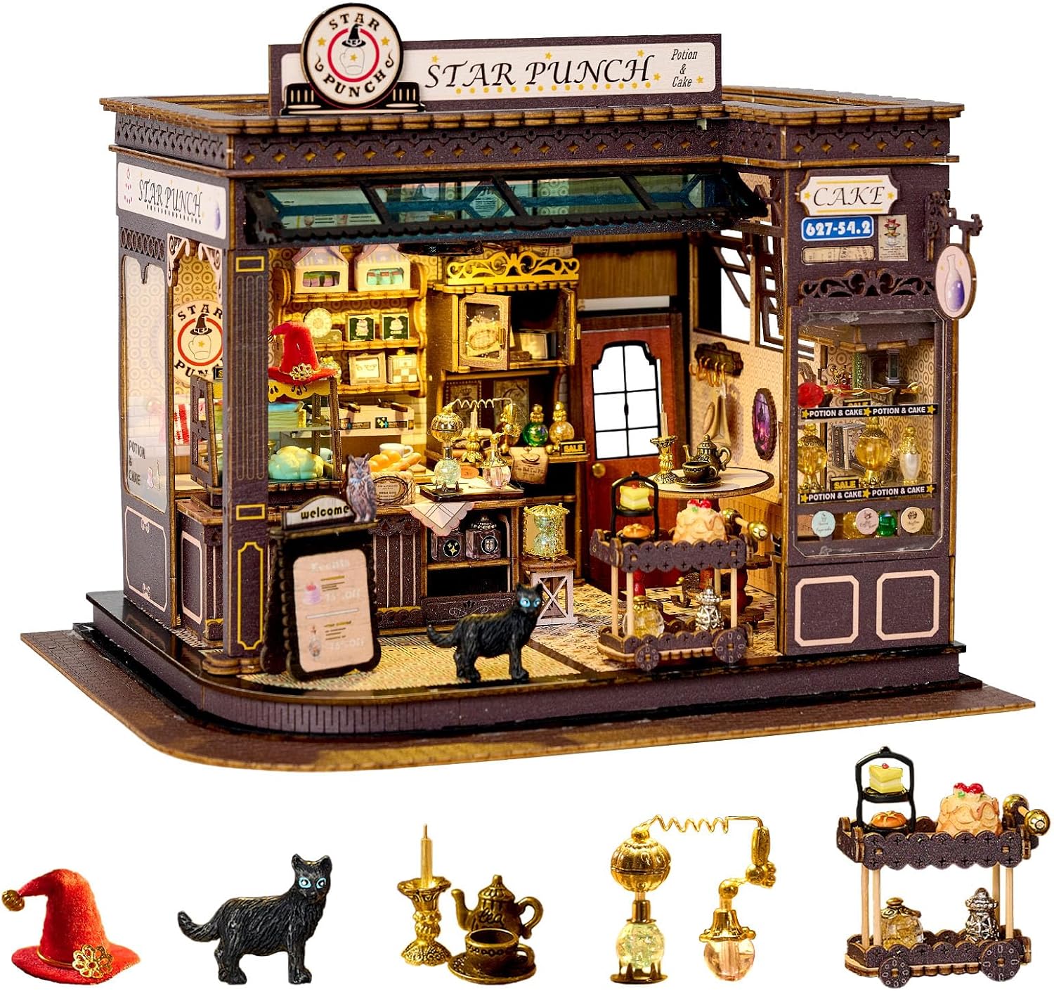 Miniature House Kit Magic Energy Station, DIY Dollhouse Kit for Adults & Teens, Tiny House Craft Decor with LED Lights, Wooden Mini Model Gift for Birthdays & Holidays