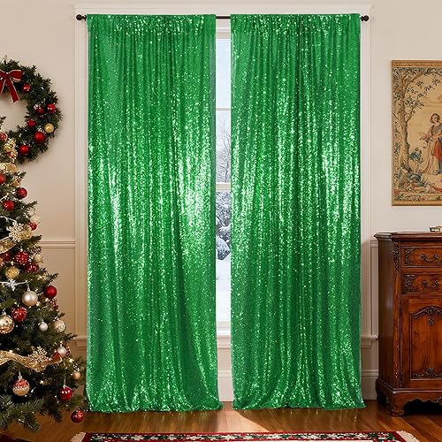 Poise3EHome Cortina tipo telón de fondo de lentejuelas verdes, 2 paneles de 2 x 8 pies, fondo con purpurina para fiestas, Halloween, cumpleaños,