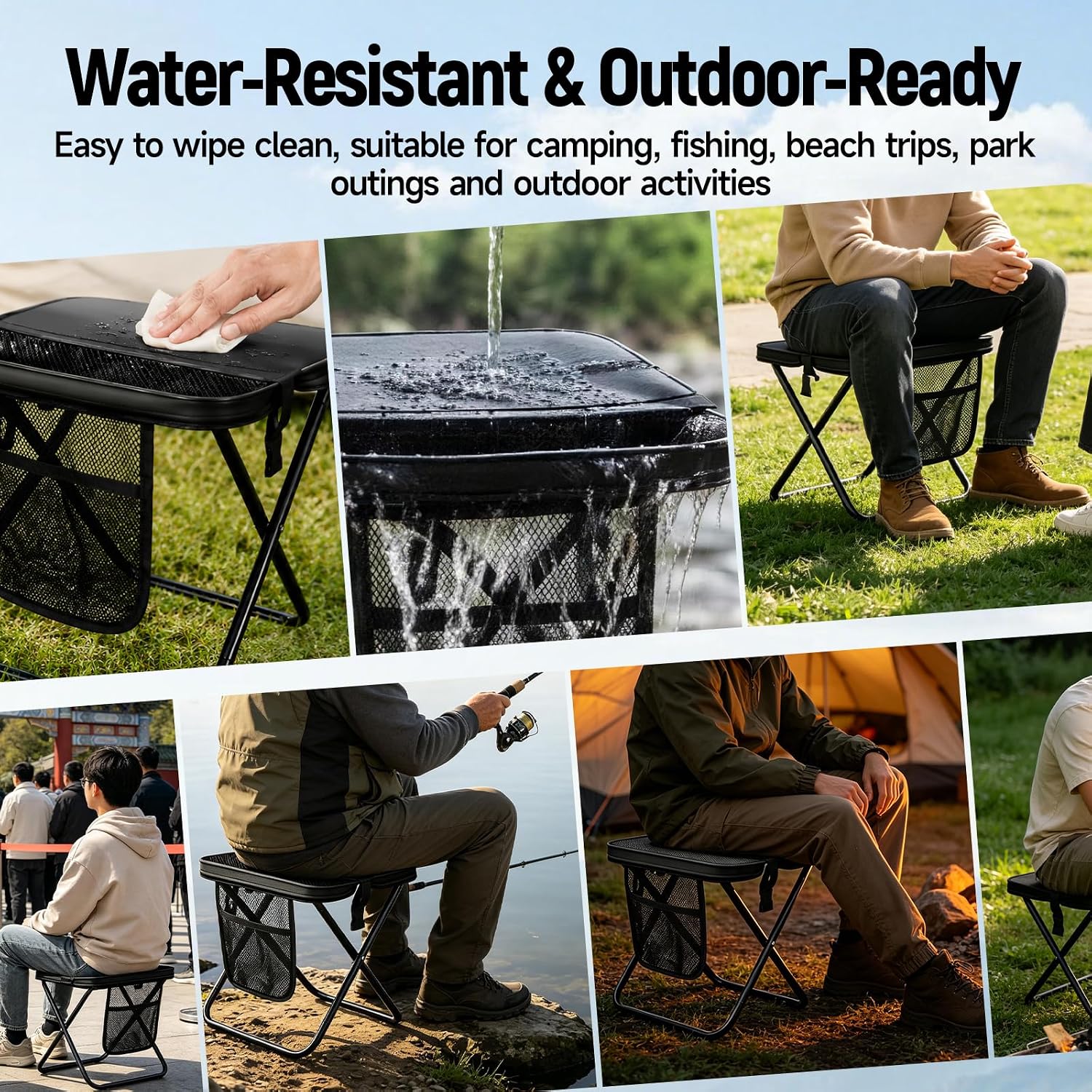 Foldable Backpack Stool, Compact Folding Chair for Adults, Portable Seat with Storage Pockets, Heavy Duty Travel Gear, Ideal Lightweight Accessory during Outdoor Hiking, Sports, Camping, and Fishing