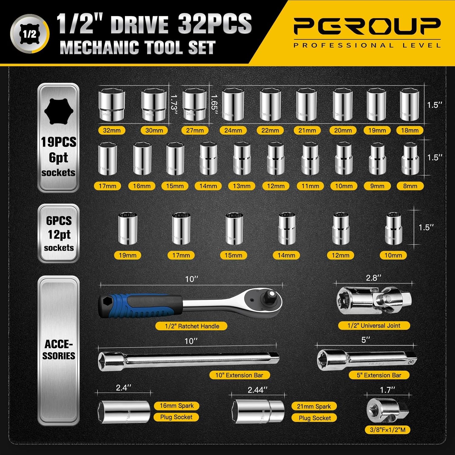 1/2 inch Drive 8mm-32mm Metric socket set, 32-piece Mechanic Tool Socket Ratchet Wrench Set, for Auto Repairing & Household