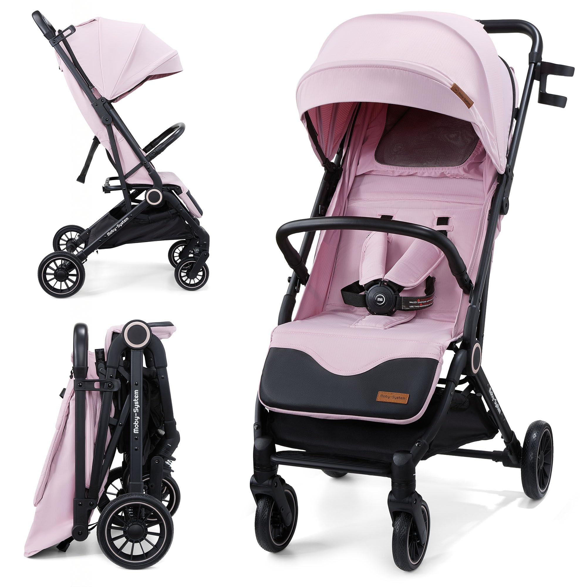 Moby-System LENA PINK PRO Poussette Canne avec Fonction Valise, Légère et Compacte 6–48 Mois, Roues EVA avec Suspension, Capote XXL, Pliage à Une Main, Rose