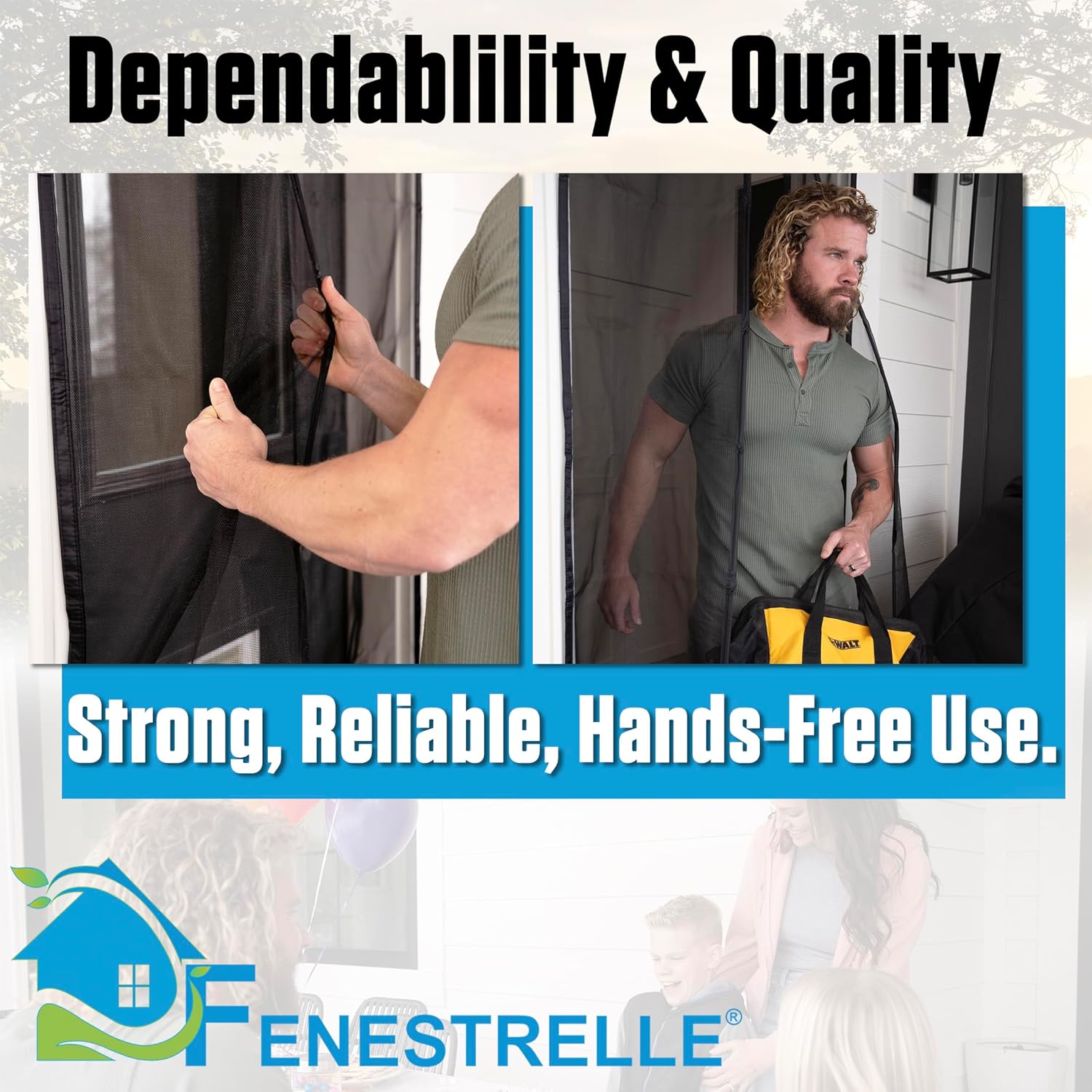 Fenestrelle Magnetic Screen Door – Heavy Duty, Hands Free Fiberglass Mesh with Self Closing Magnetic Seal, Black Trim – Fits 34" x 80" Doors (Screen Size 36" x 82")