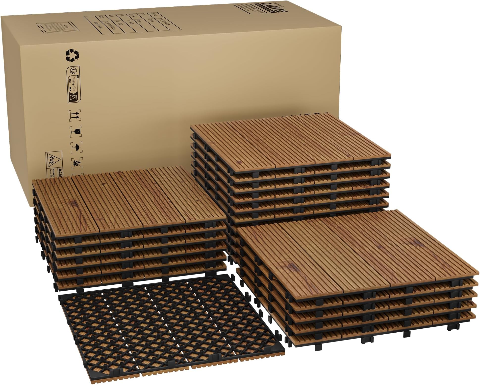 22 PCS Composite Deck Tiles, 12"X12" Solid Acacia Wood Flooring for Outdoor & Indoor, All Weather Waterproof Snap Together Patio Tiles for Balcony, Poolside, Deck,Brown